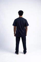 Men's Deep Navy Kaftan Set with Blue Accent Placket