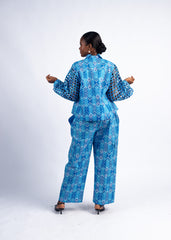 Women's Blue Geometric Print Laser-Cut Sleeve Jacket & Cargo Pants Set