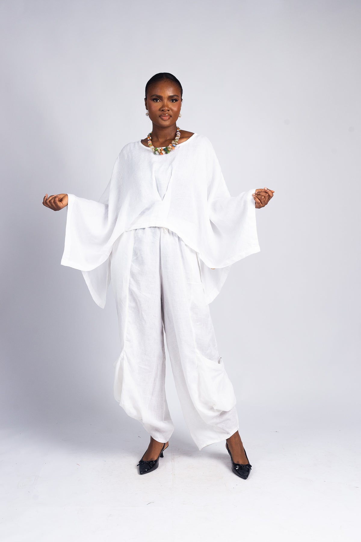 Women's White Linen Dropped Shoulder Pants Set