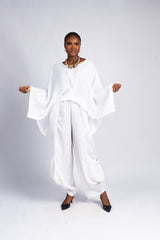 Women's White Linen Dropped Shoulder Pants Set