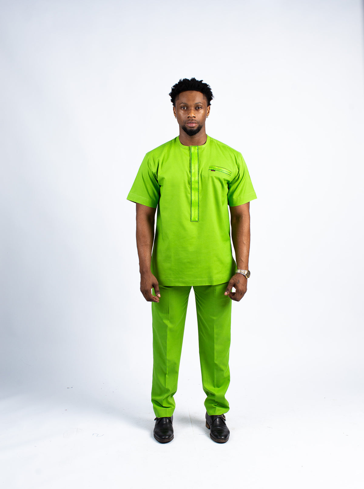 Men's Vibrant Lime Green Short-Sleeve Kaftan Set