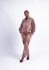 Women's Orange & Blue Geometric Print Laser-Cut Sleeve Jacket & Cargo Pants Set