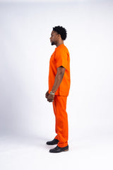 Men's Bold Orange Kaftan Set with Gold Embroidery