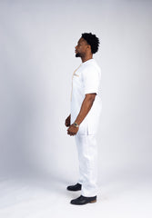 Men's Crisp White Kaftan Set with Gold Embroidery