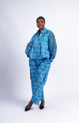 Women's Blue Geometric Print Laser-Cut Sleeve Jacket & Cargo Pants Set