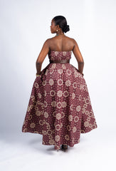Maroon and Beige Floral Print Strapless Maxi Dress