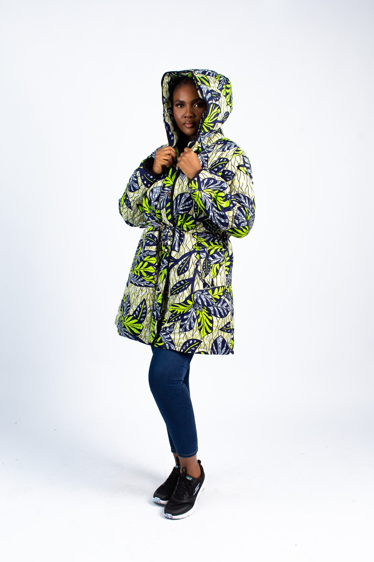 Women's Tropical Leaf Print Quilted Puffer Jacket with Hood