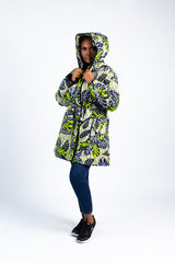 Women's Tropical Leaf Print Quilted Puffer Jacket with Hood