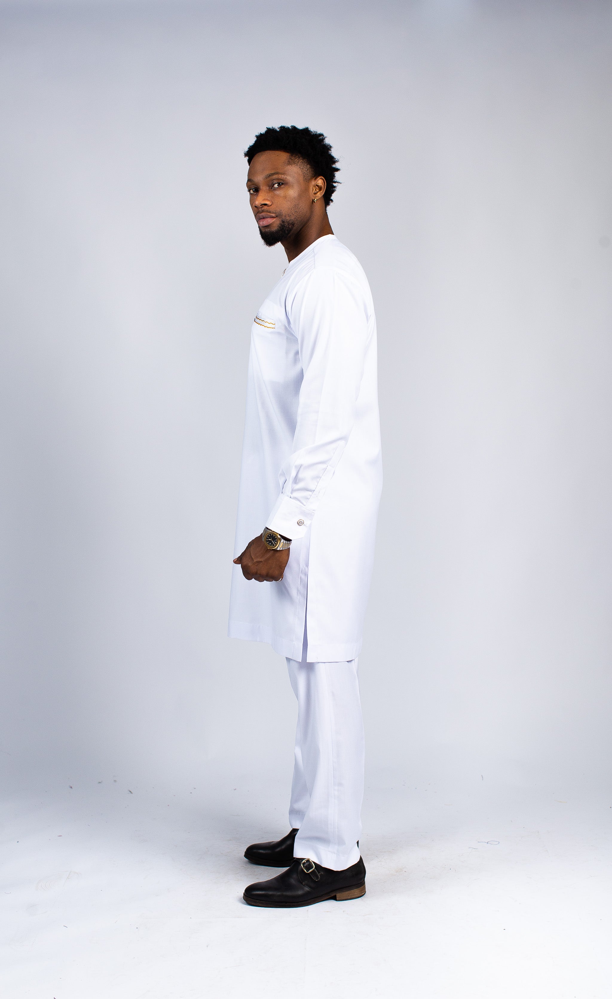 Men's White Tunic & Trouser Set with Gold Embroidery S / White