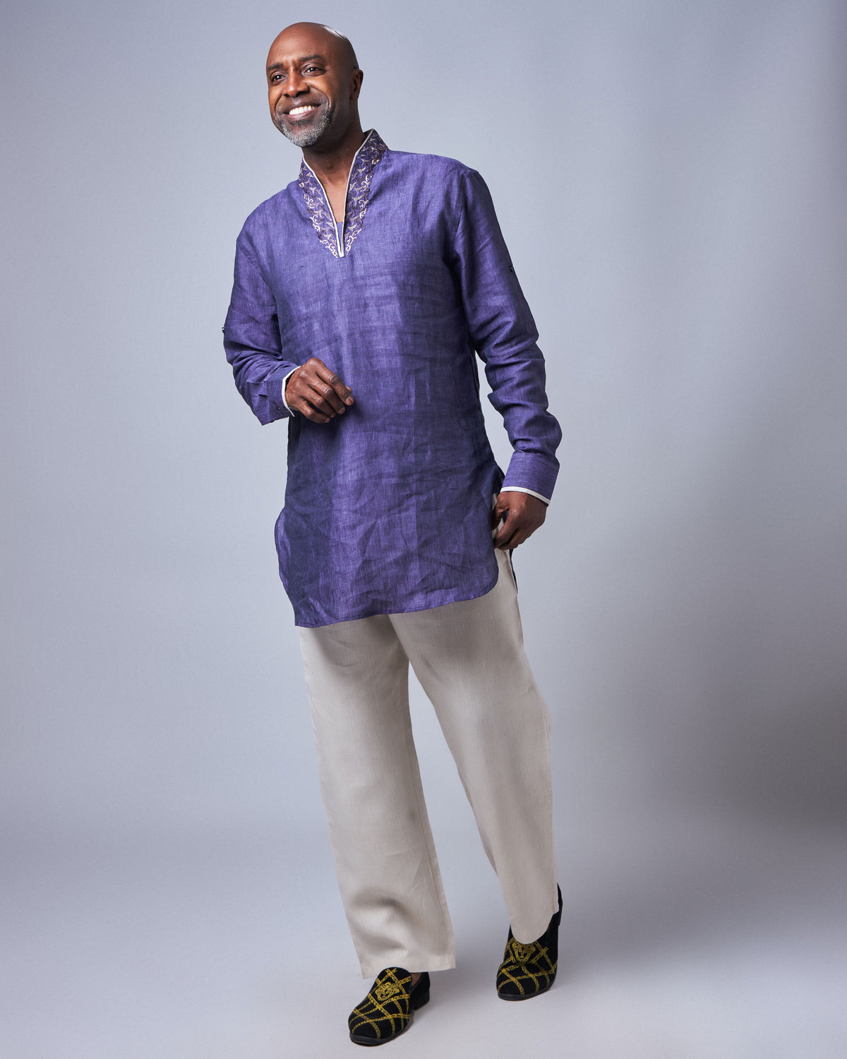 Men’s Embroidered Purple & Cream Linen Set (Slim Fit)