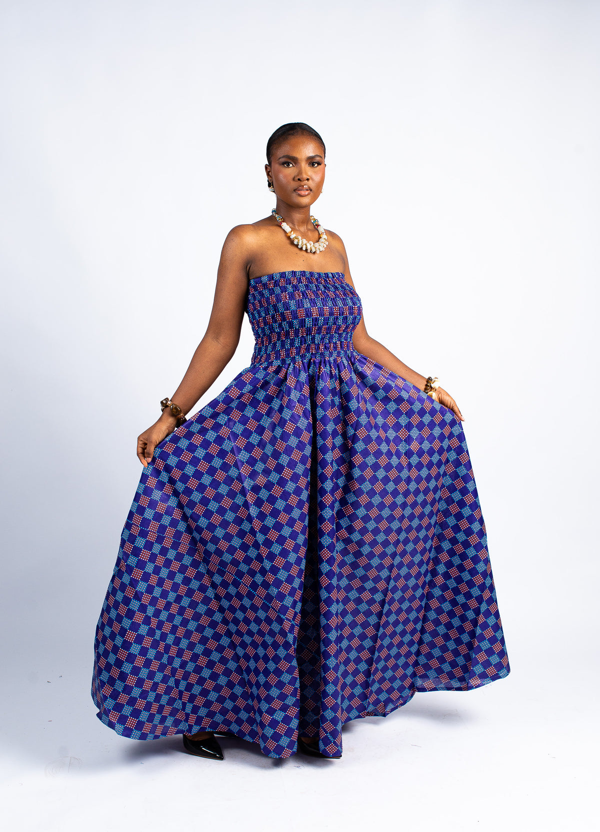 Geometric Print Strapless Maxi Dress
