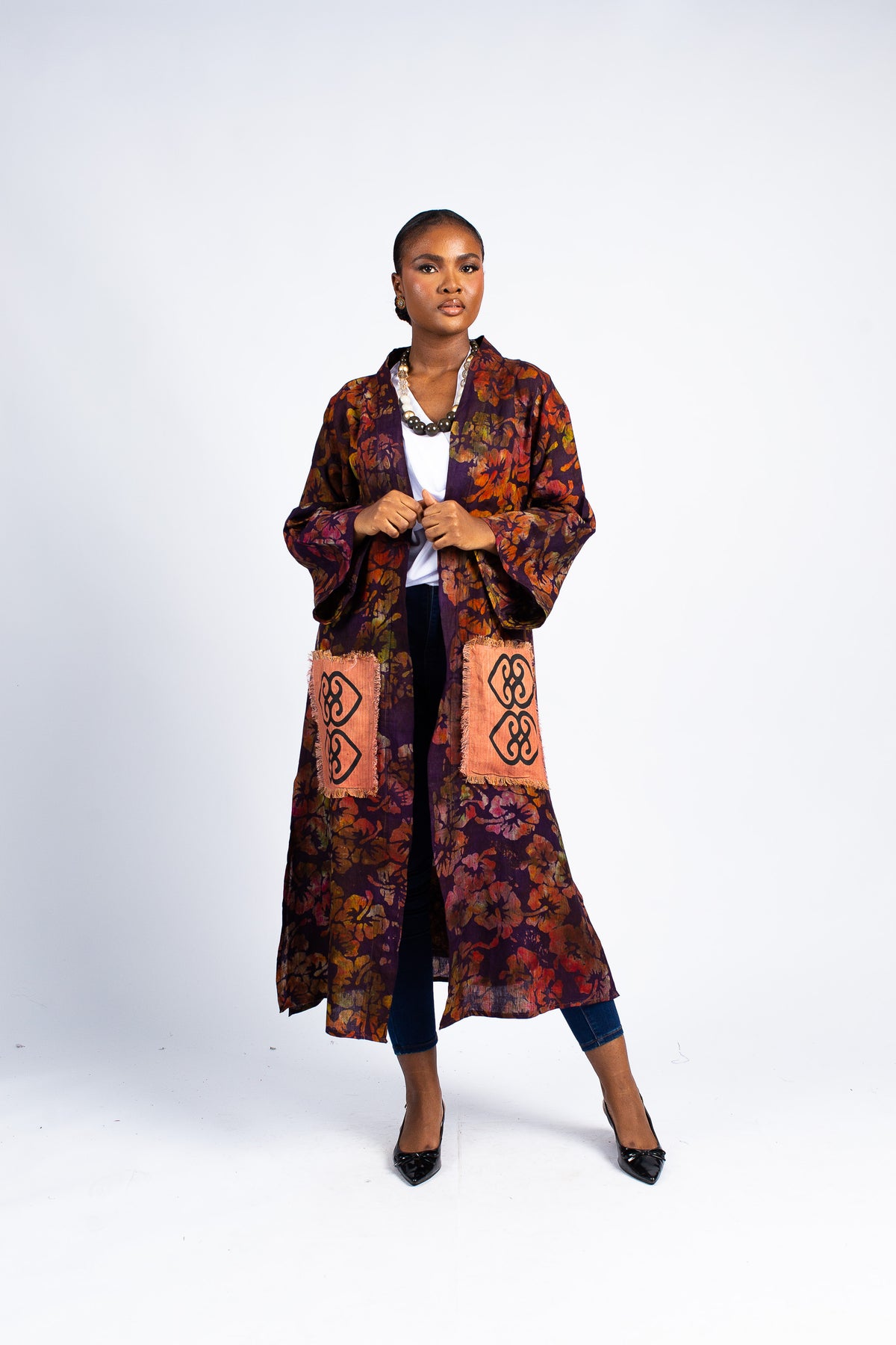Women's Floral Print Adinkra Symbol Kimono Duster