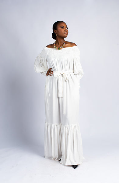white smocked off the shoulder dress Women's Off-the-Shoulder Smocked White Maxi Dress with Puff Sleeves –  YvonneEx