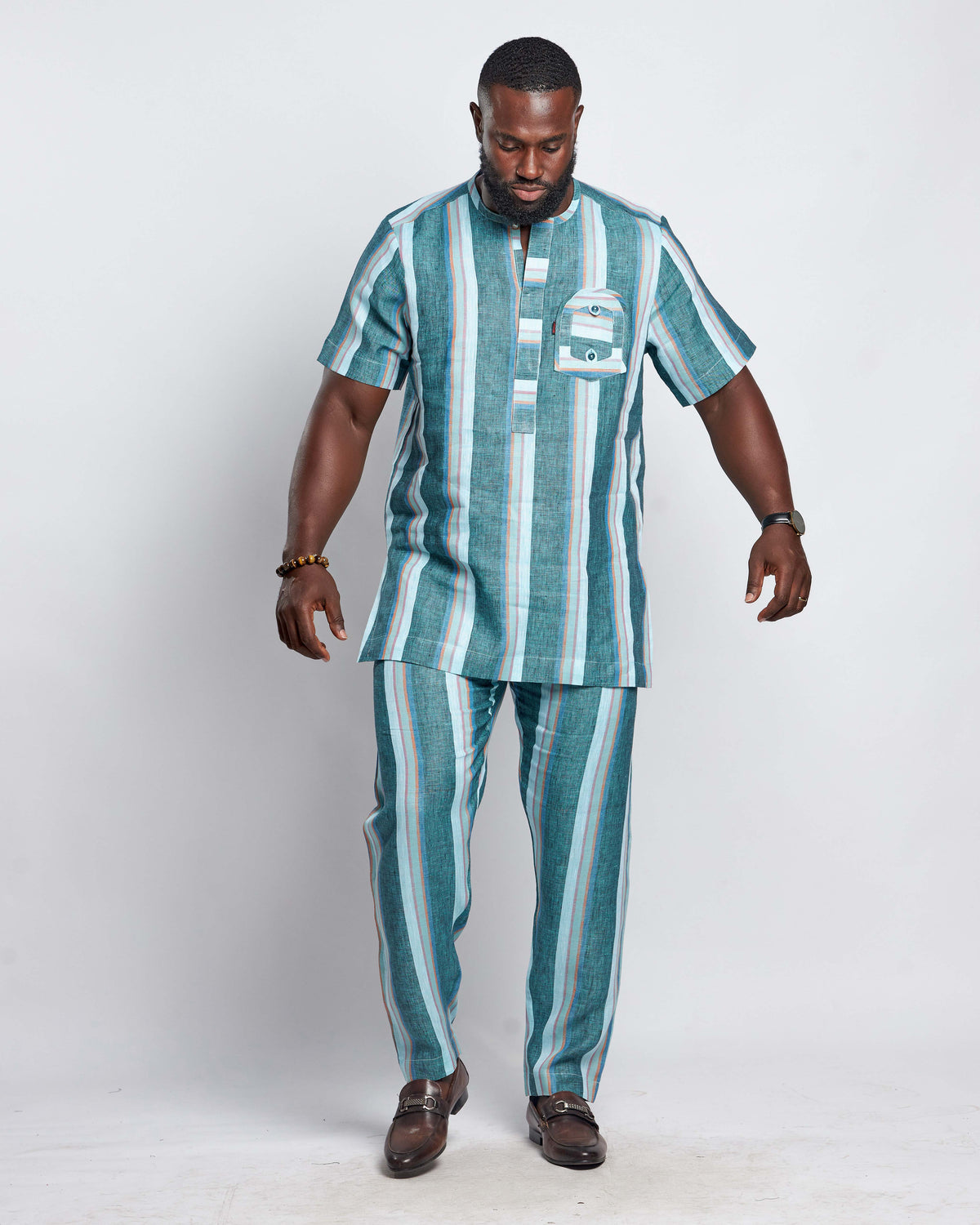 Men's Striped Linen Suit Set (Short Sleeved)