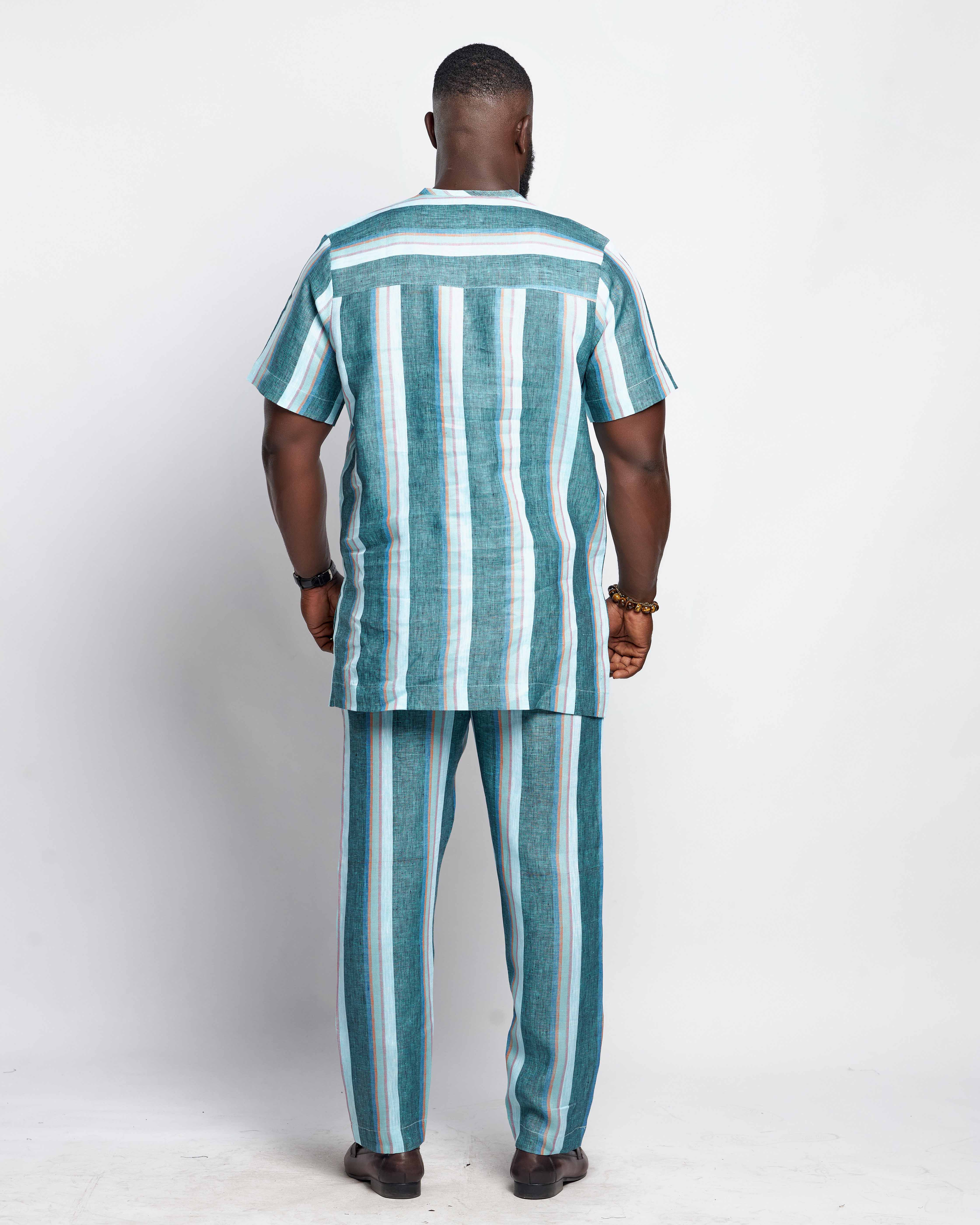 Men's Striped Linen Suit Set (Short Sleeved)