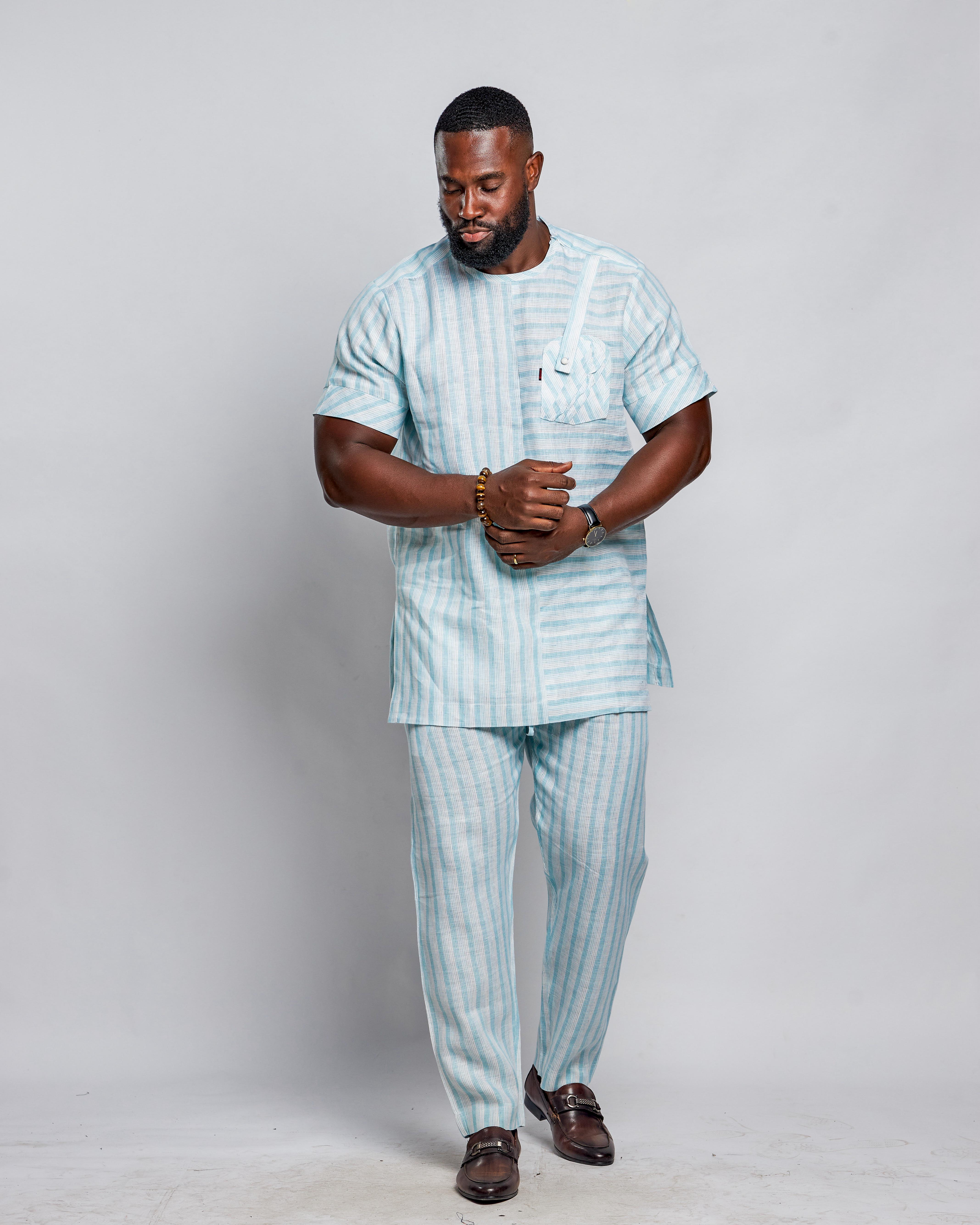 Men's Striped Linen Suit Set (Short Sleeved)