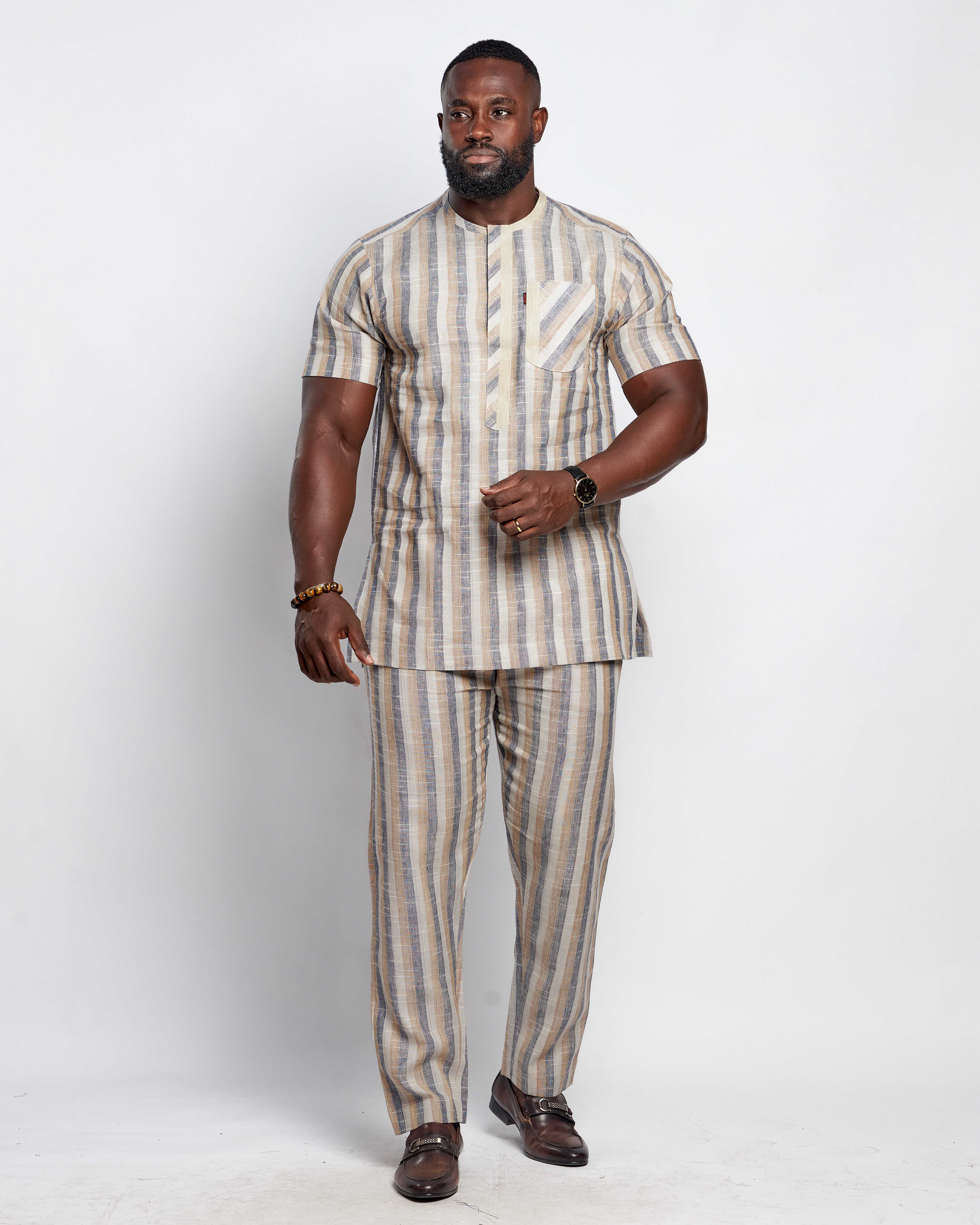 Men's Striped Linen Suit Set (Short Sleeved)