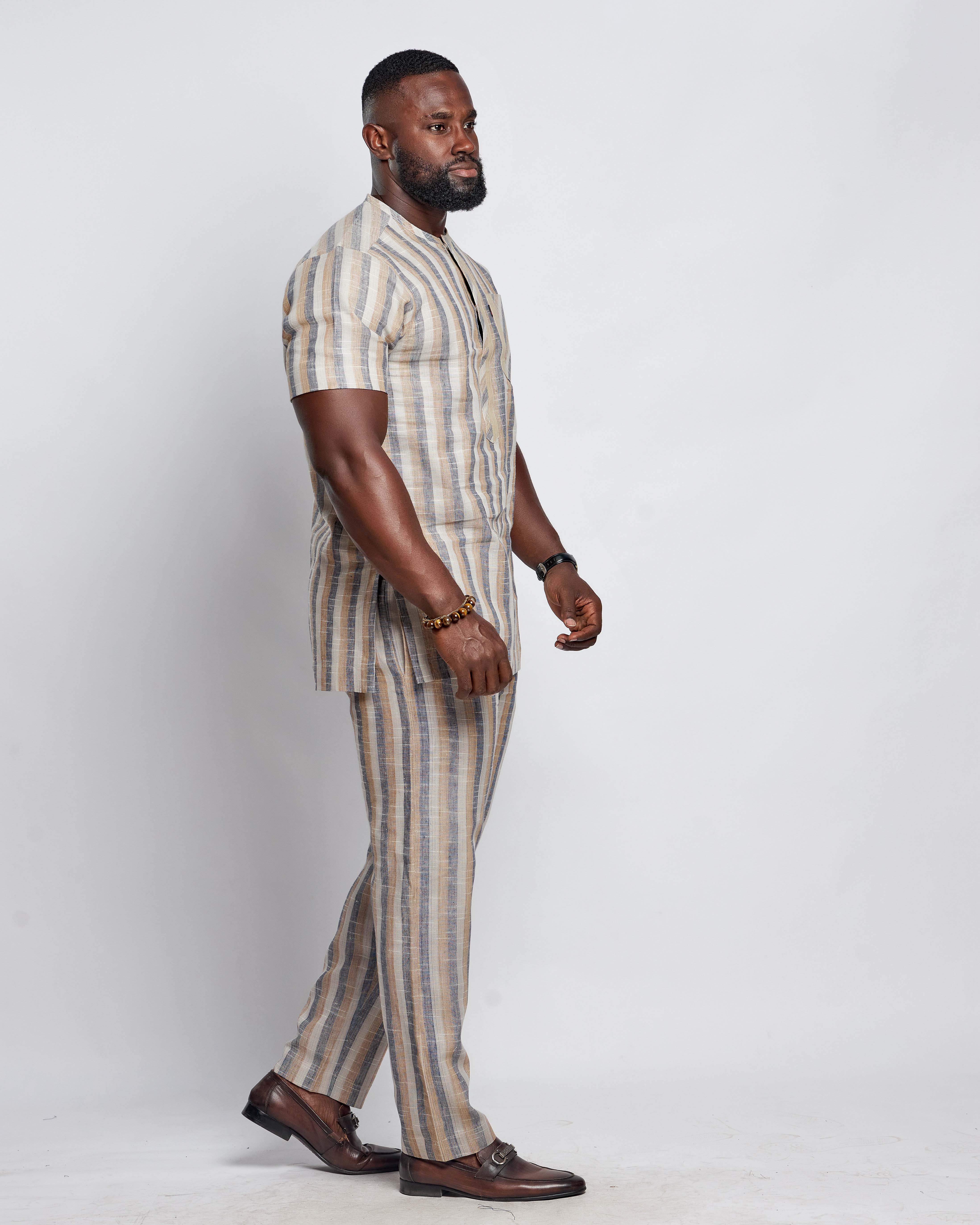 Men's Striped Linen Suit Set (Short Sleeved)