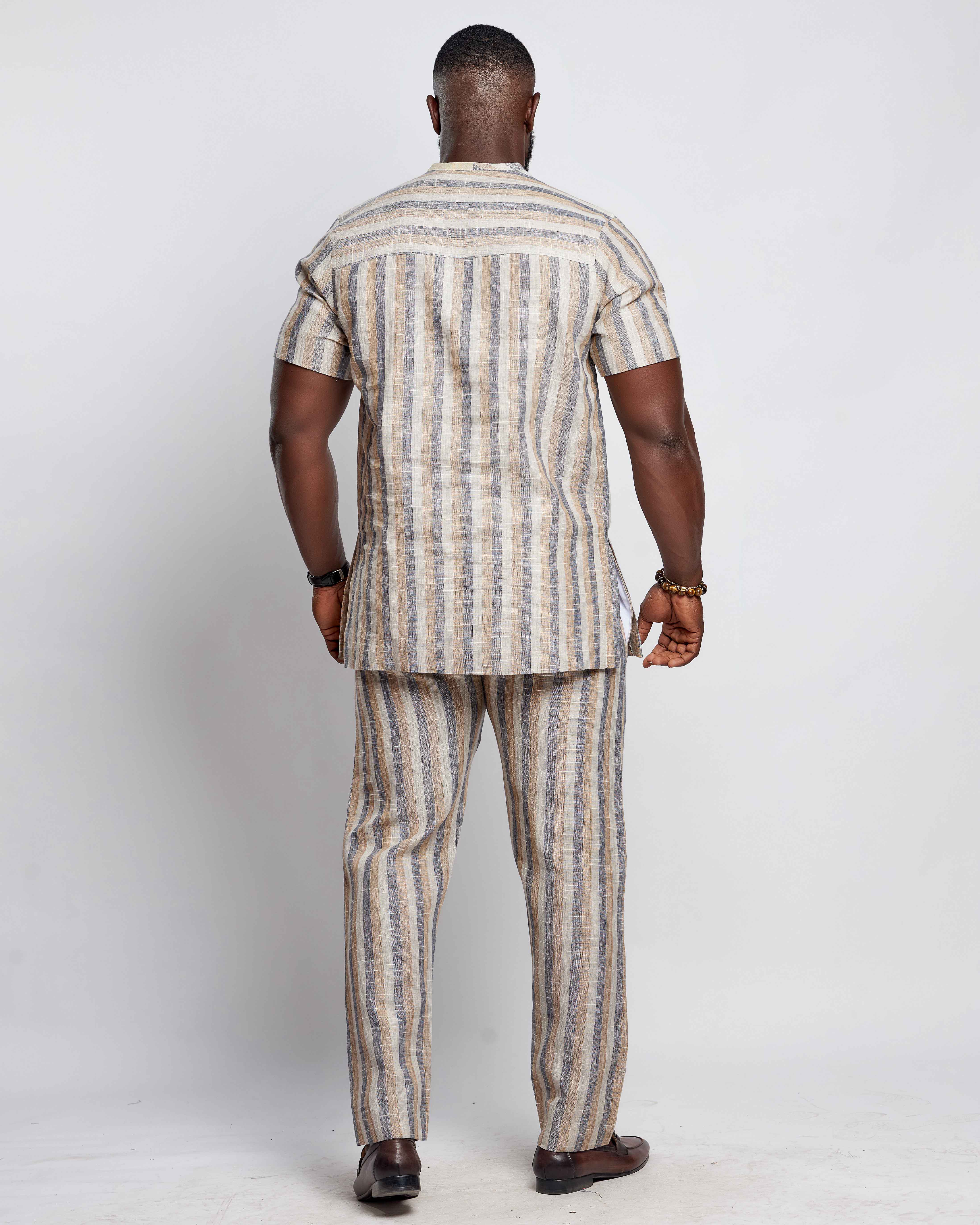 Men's Striped Linen Suit Set (Short Sleeved)