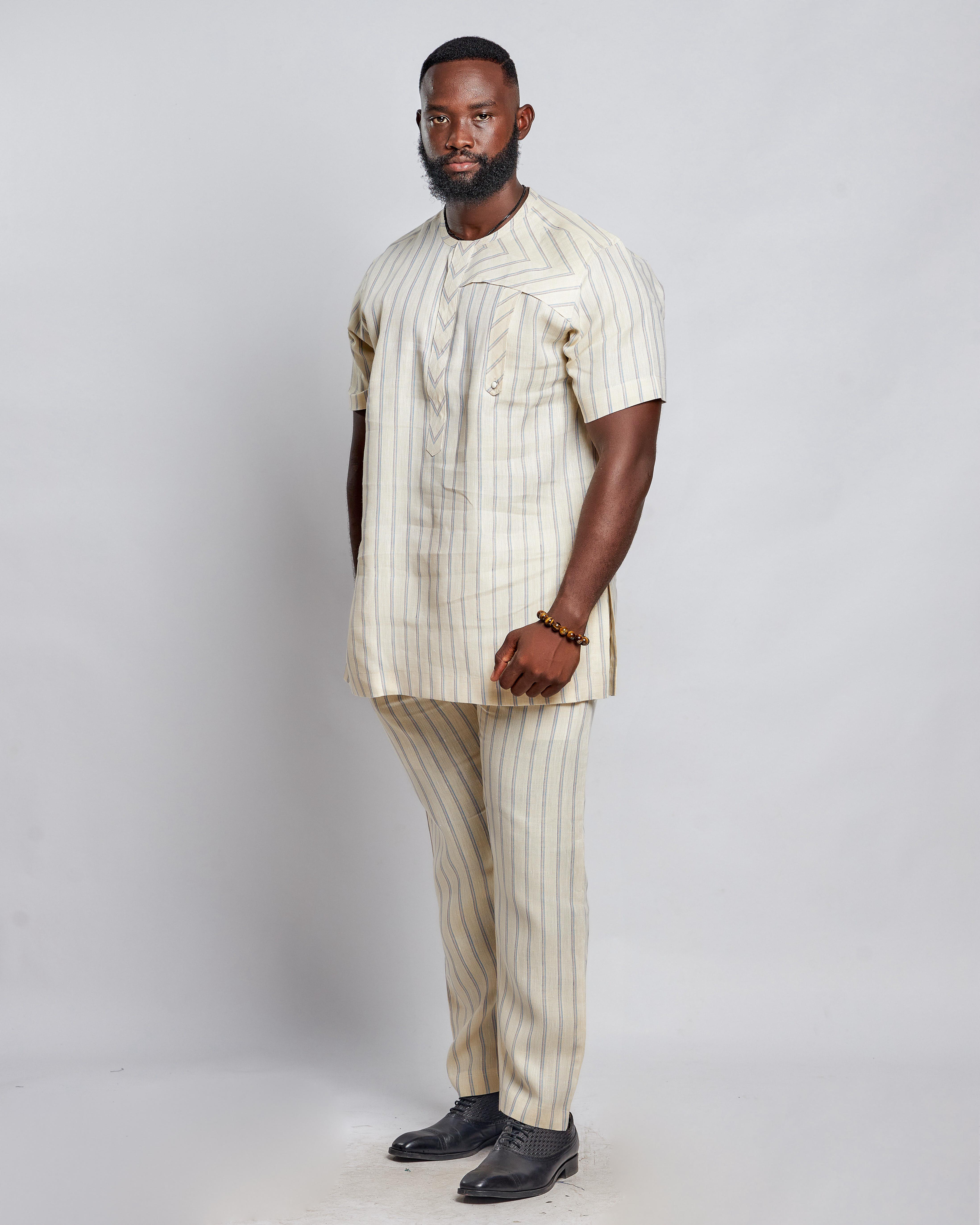 Men's Striped Linen Suit Set (Short Sleeved)