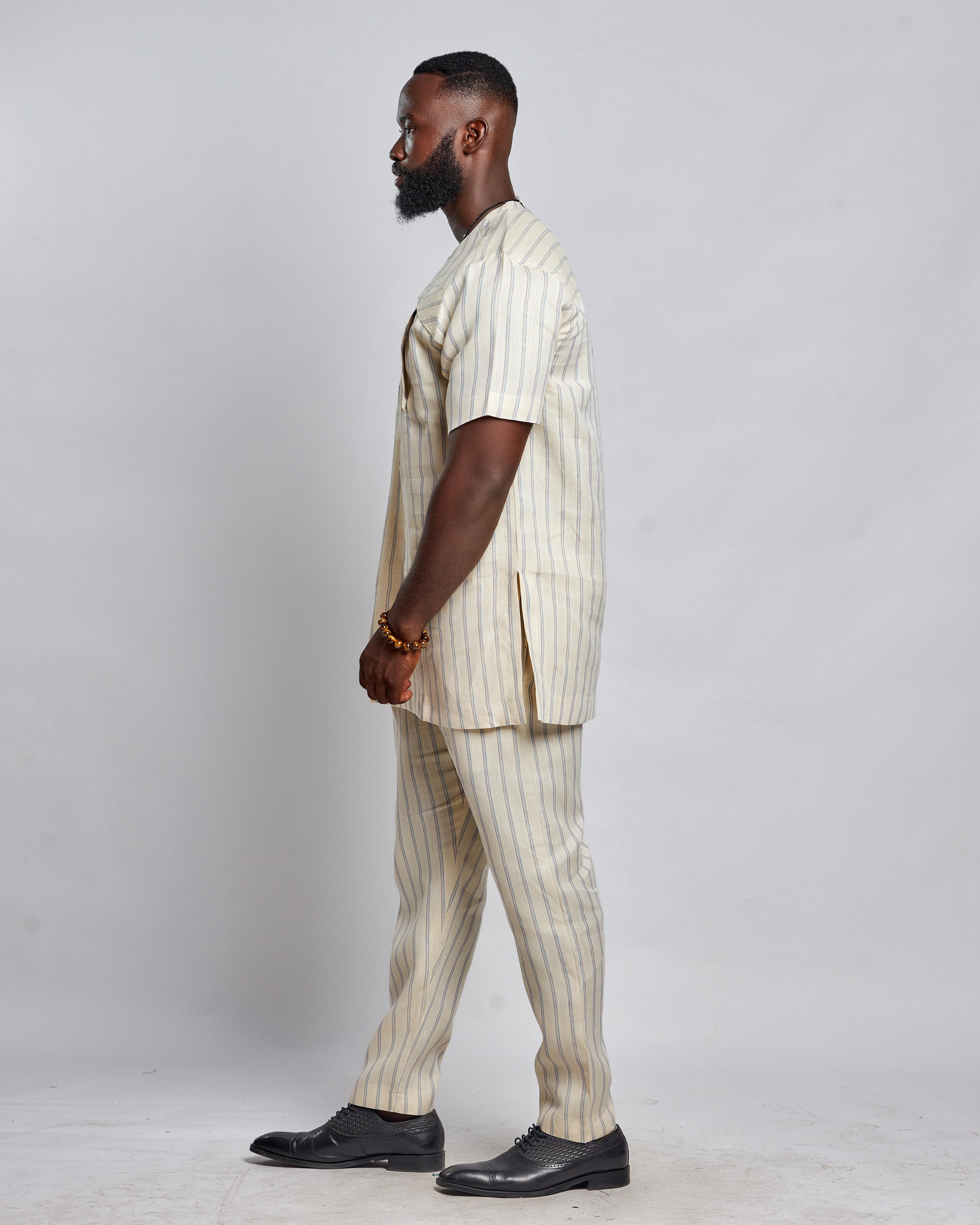 Men's Striped Linen Suit Set (Short Sleeved)