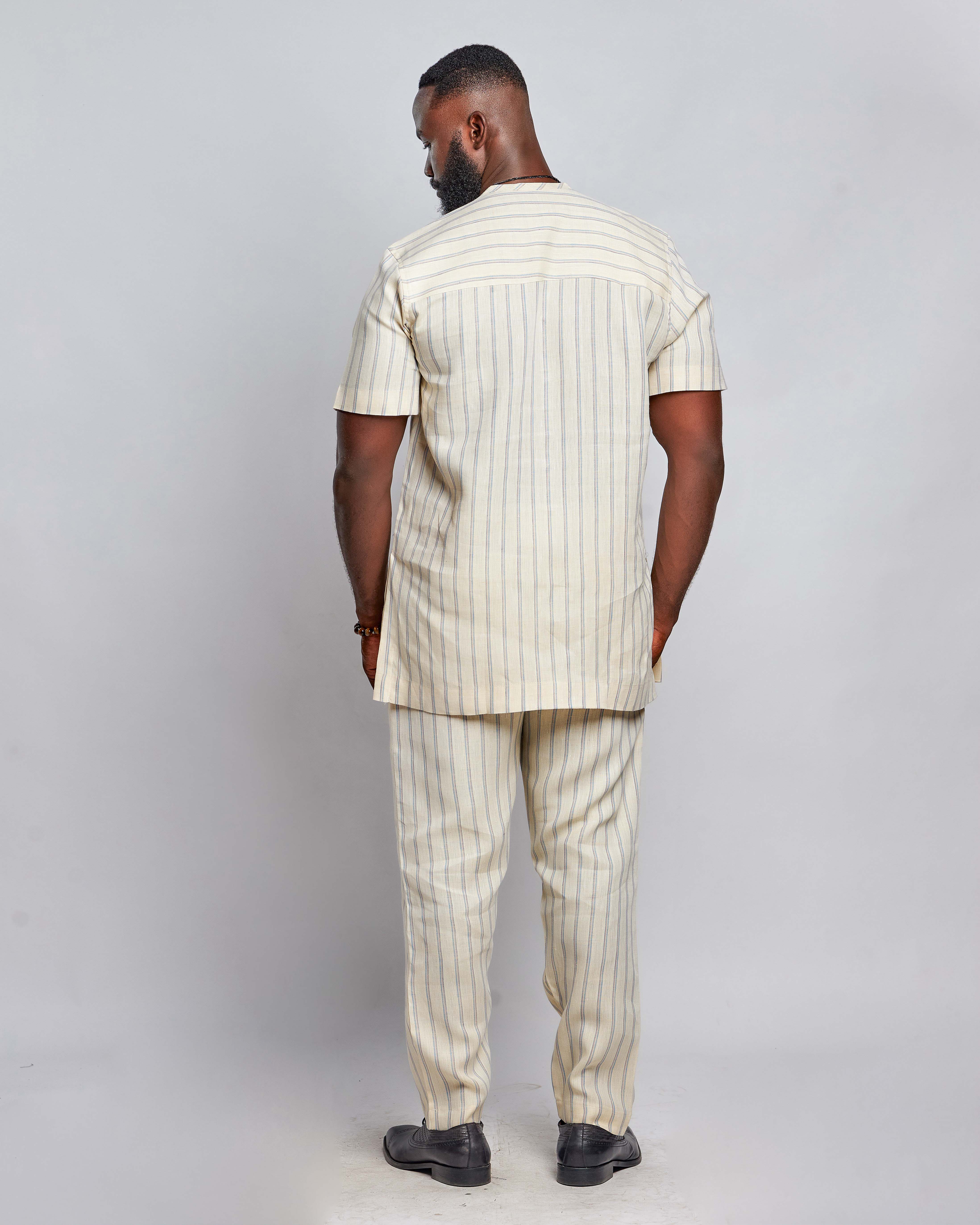 Men's Striped Linen Suit Set (Short Sleeved)