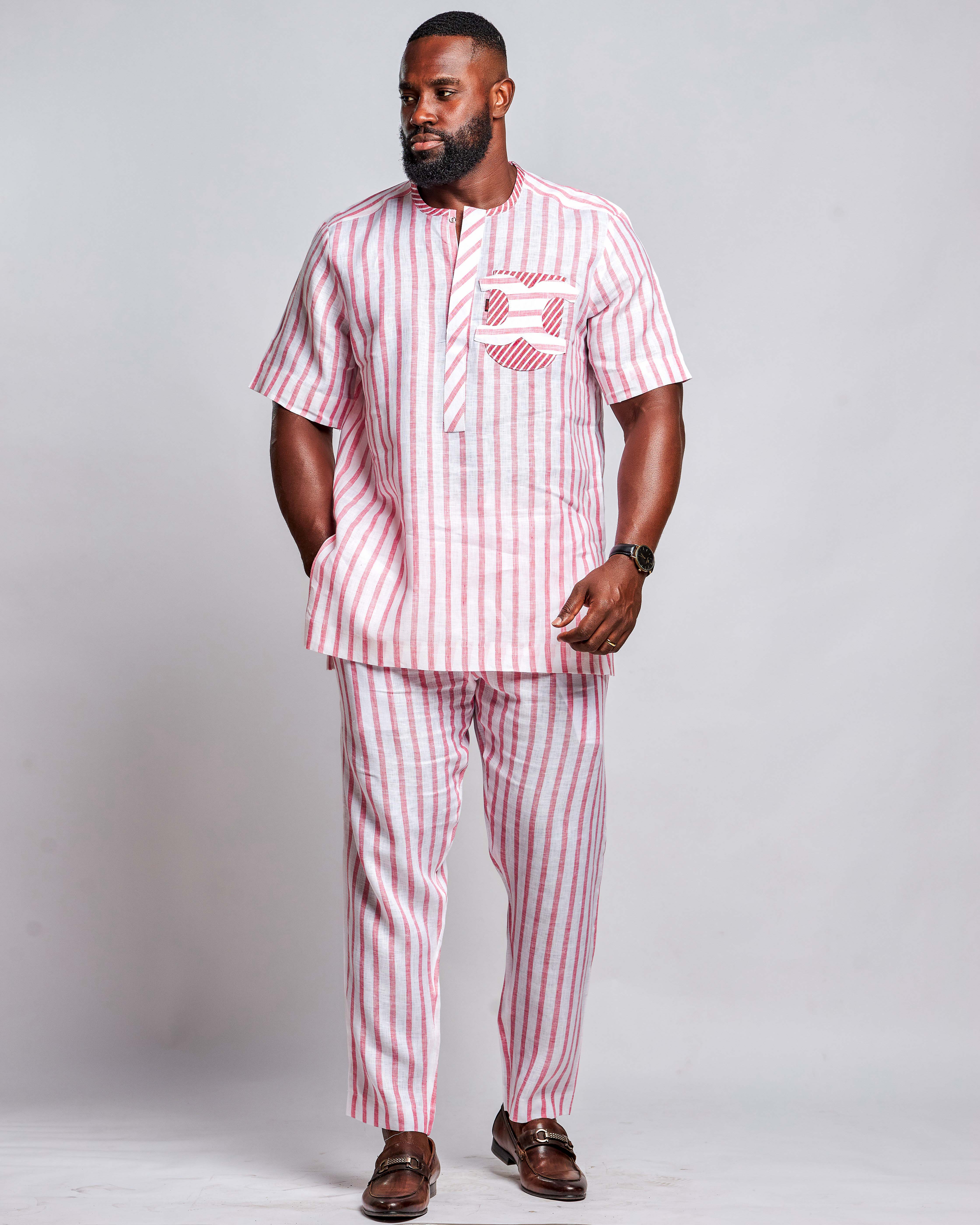 Men's Striped Linen Suit Set (Short Sleeved)