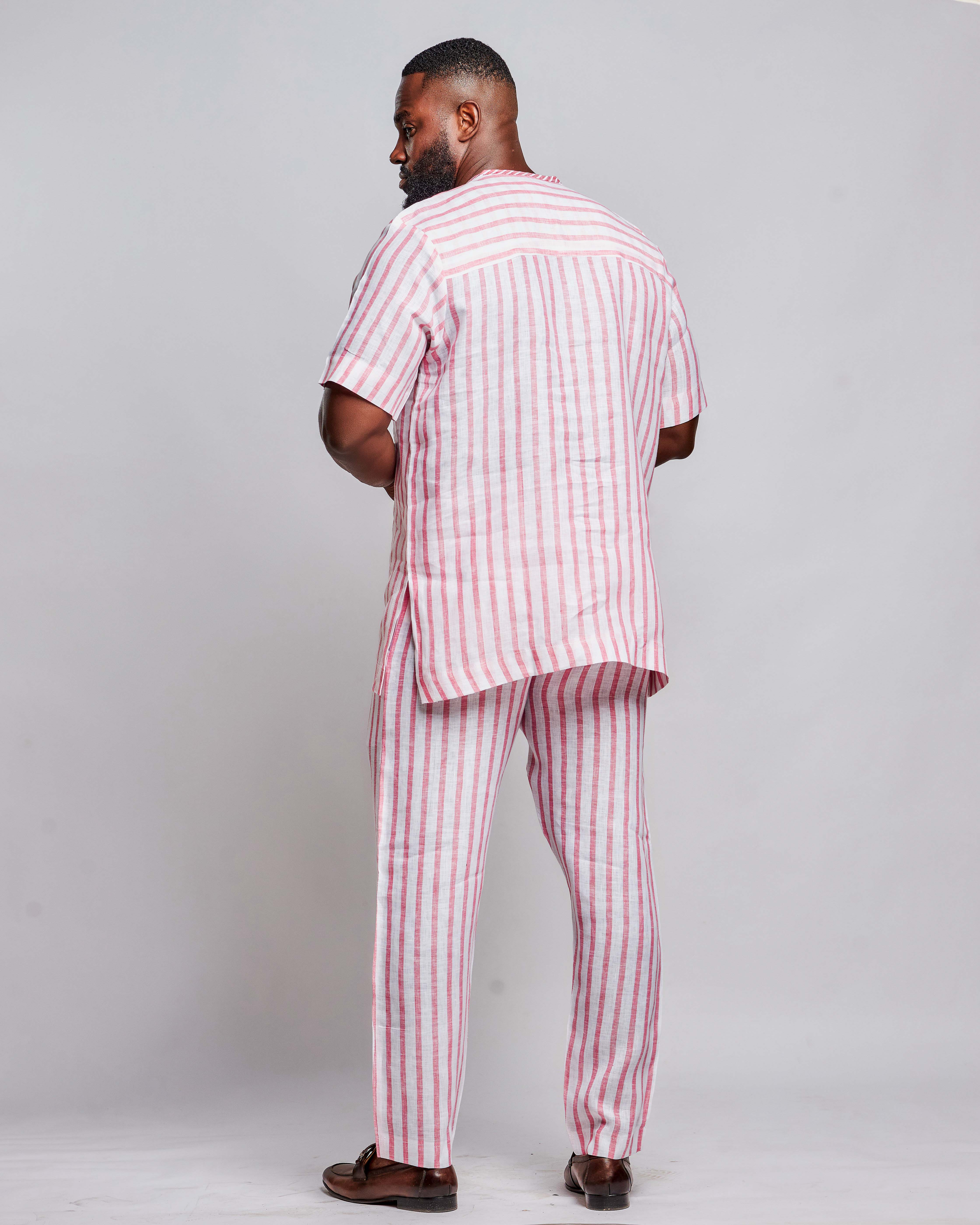 Men's Striped Linen Suit Set (Short Sleeved)