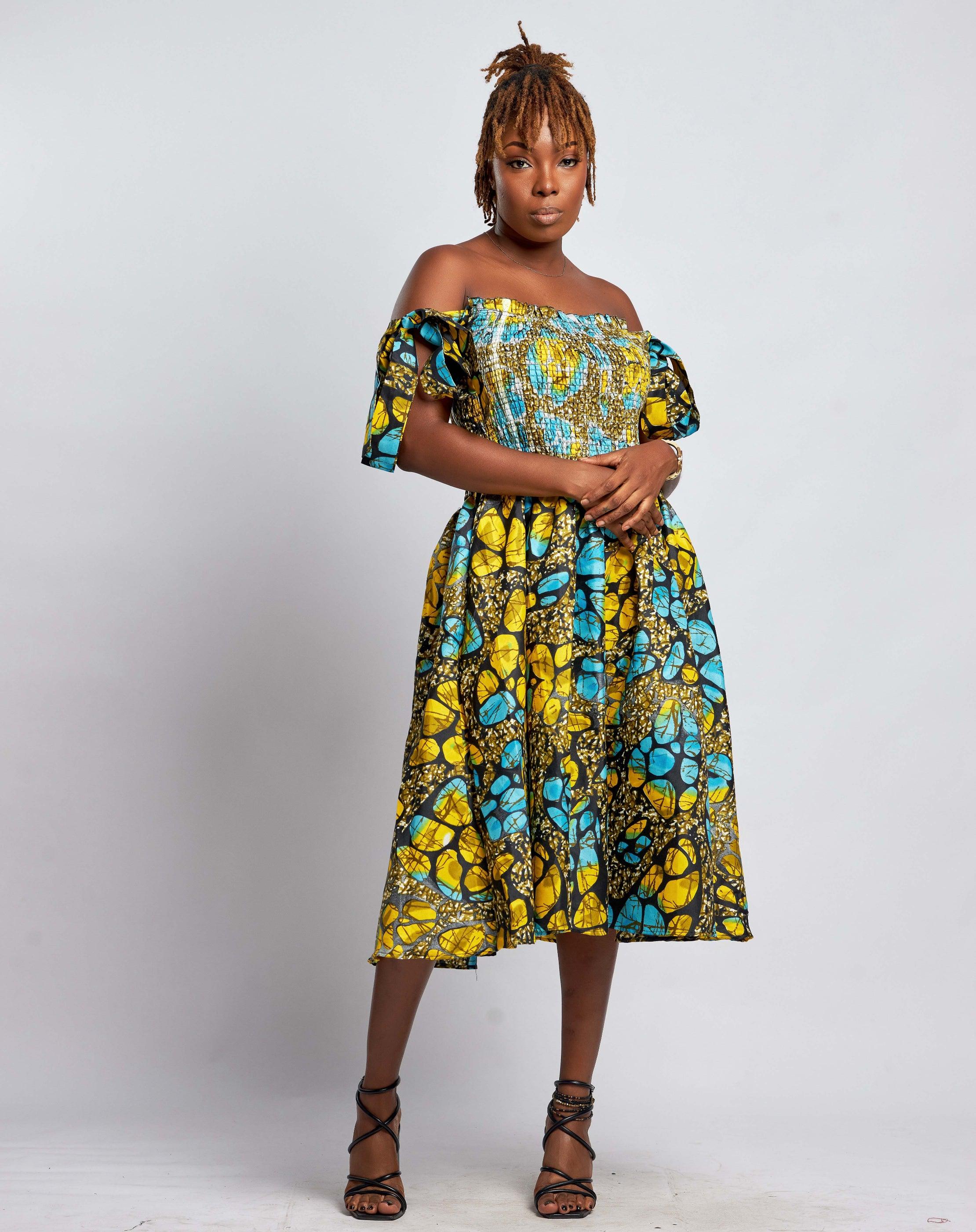 Ankara Womens Stripe and Elastic Dress with Pockets - Knee-Length Pure Cotton | Casual & Comfortable Blue / Medium / Cotton Ankara Womens Stripe and Elastic Dress with Pockets - Knee-Length Pure Cotton | Casual & Comfortable Blue / Medium / Cotton