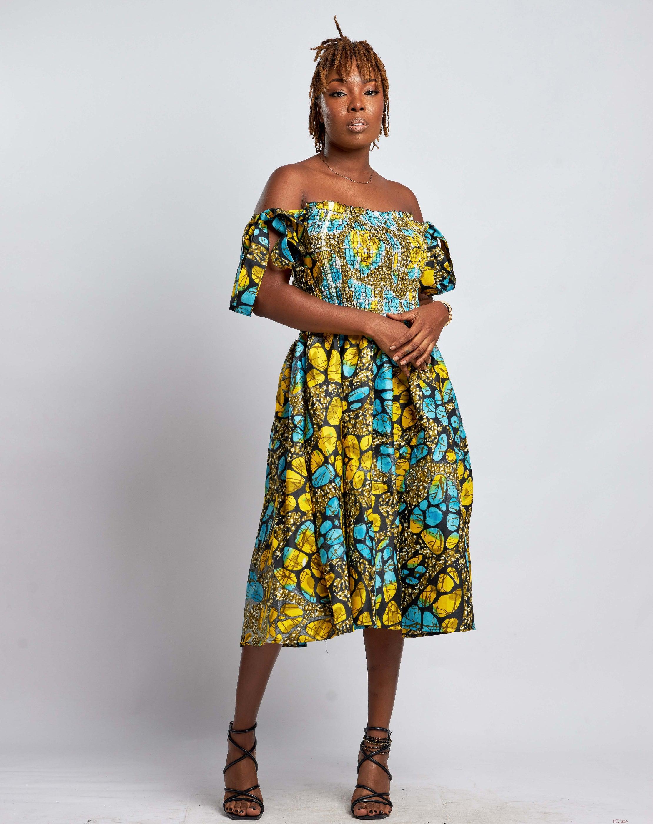 Ankara Womens Stripe and Elastic Dress with Pockets - Knee-Length Pure Cotton | Casual & Comfortable Blue / Medium / Cotton Ankara Womens Stripe and Elastic Dress with Pockets - Knee-Length Pure Cotton | Casual & Comfortable Blue / Medium / Cotton