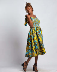 Ankara Women Strip and Elastic Dress with Pockets - YvonneEx