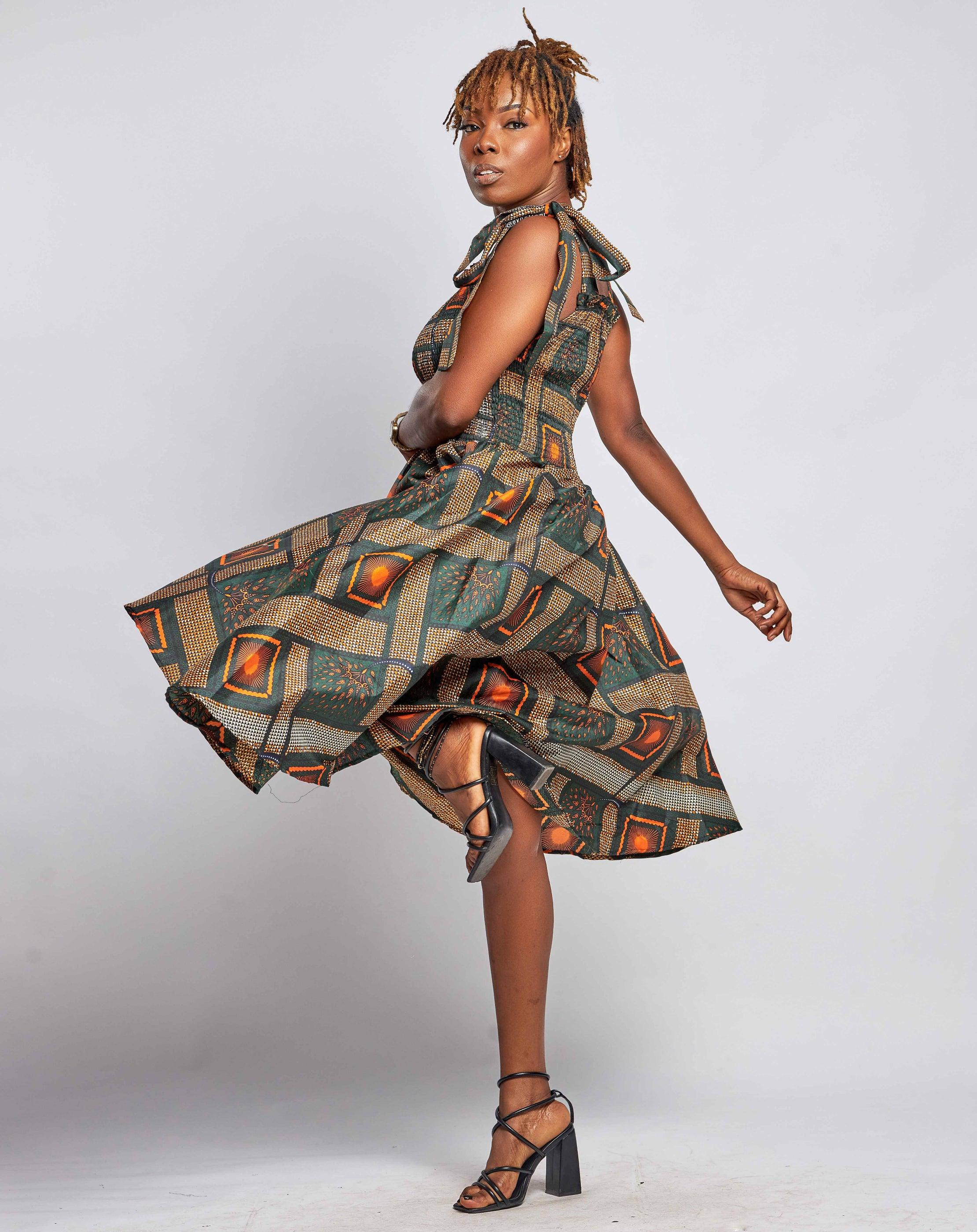 ankara ladies dress Afripride Ankara Dresses for Women African Clothing Ruffle Shoulder Mid-Calf Length Casual Dress Tailor Made A2225019