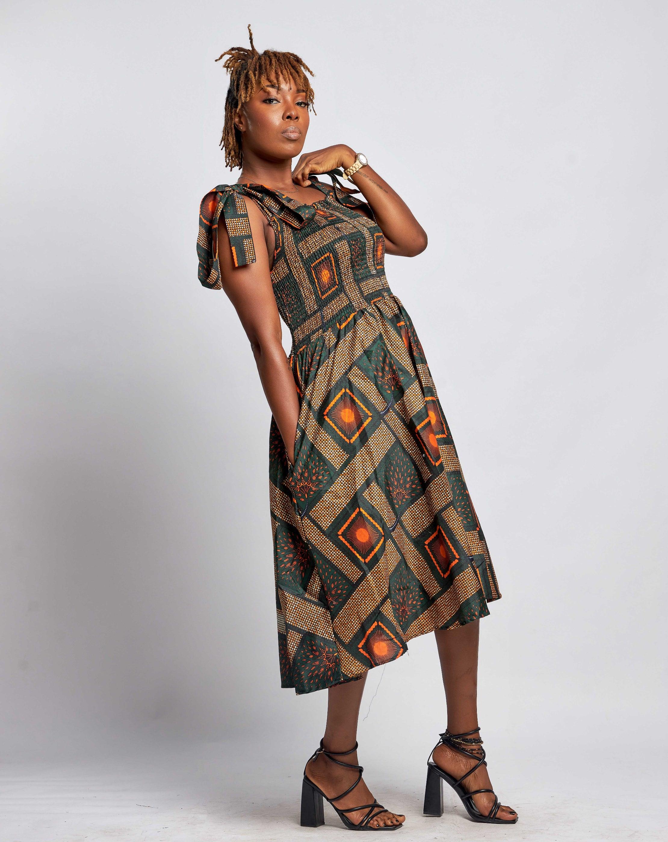 Ankara Womens Stripe and Elastic Dress with Pockets - Knee-Length Pure Cotton | Casual & Comfortable Blue / Medium / Cotton Ankara Womens Stripe and Elastic Dress with Pockets - Knee-Length Pure Cotton | Casual & Comfortable Blue / Medium / Cotton