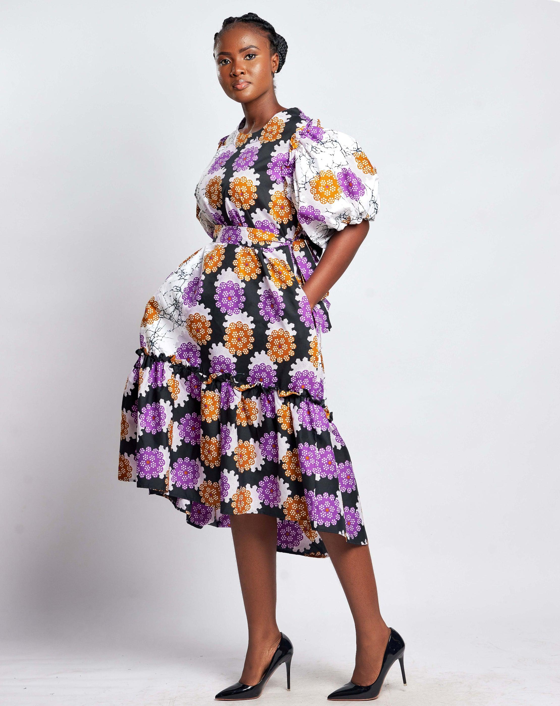 Ankara High-Low Wax Print Dress - Knee-Length Pure Cotton | Stylish & Versatile Purple / M-L / Cotton Ankara High-Low Wax Print Dress - Knee-Length Pure Cotton | Stylish & Versatile Purple / M-L / Cotton