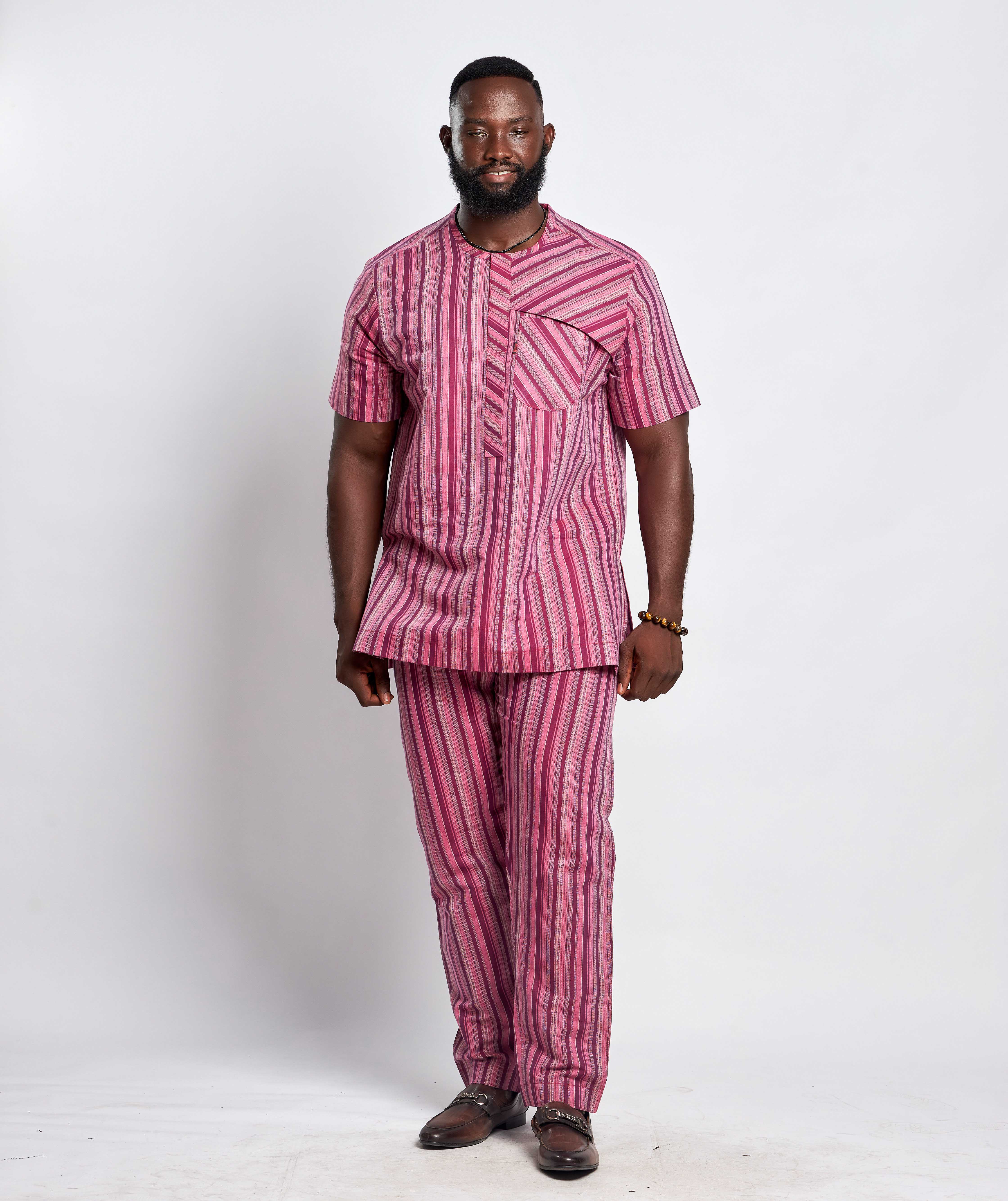 Men's Striped Linen Suit Set (Short Sleeved)