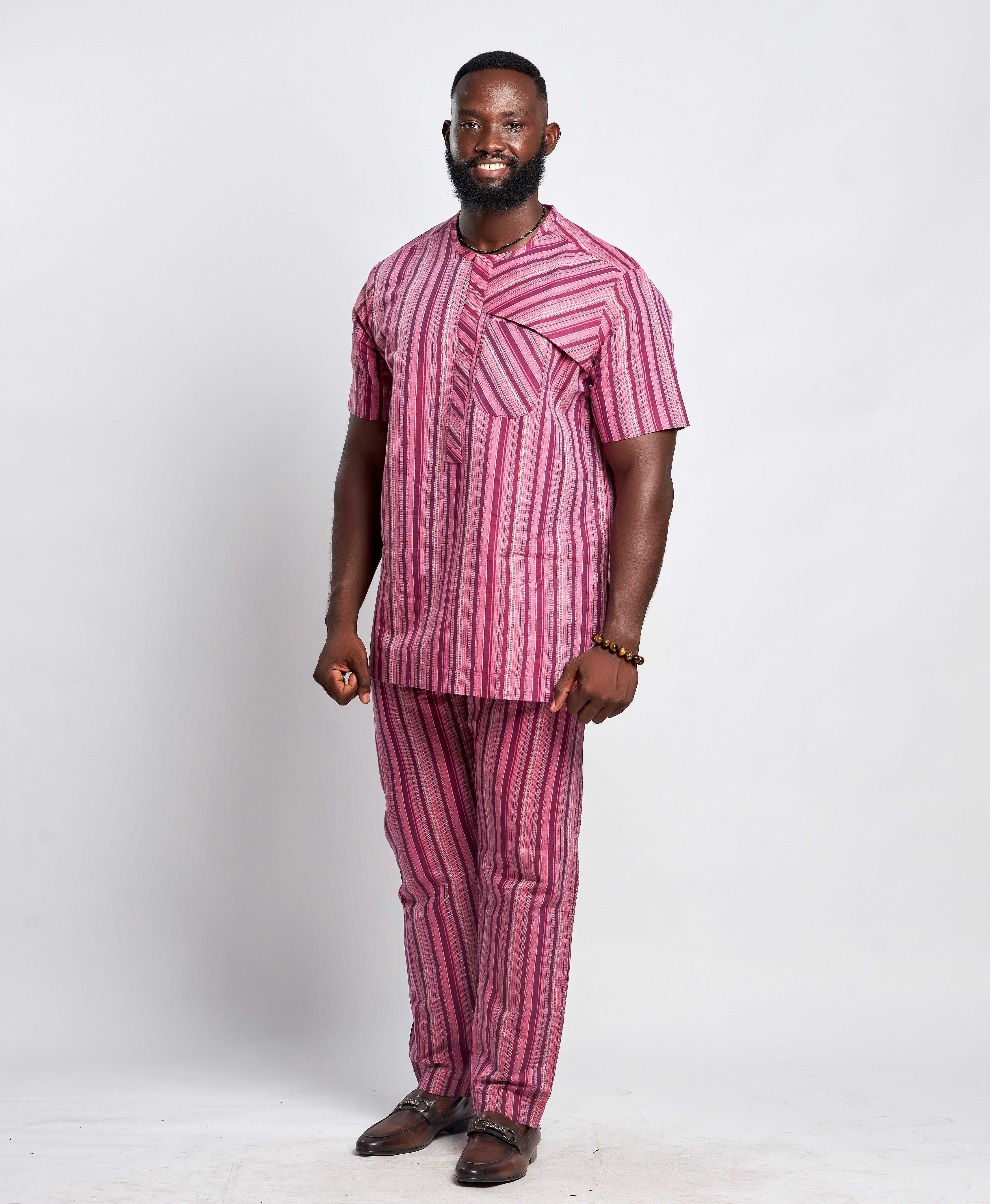 Men's Striped Linen Suit Set (Short Sleeved)