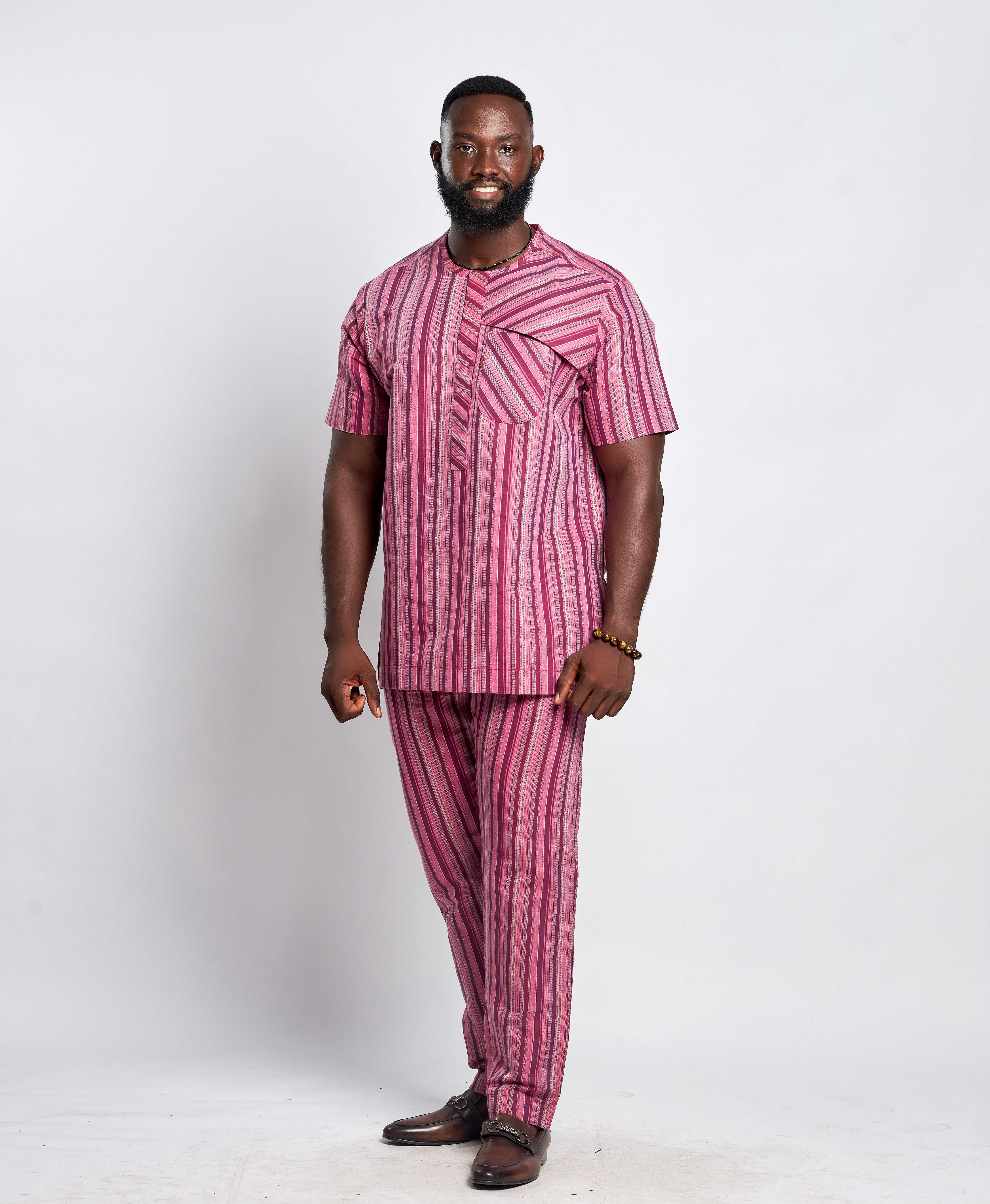 Men's Striped Linen Suit Set (Short Sleeved)