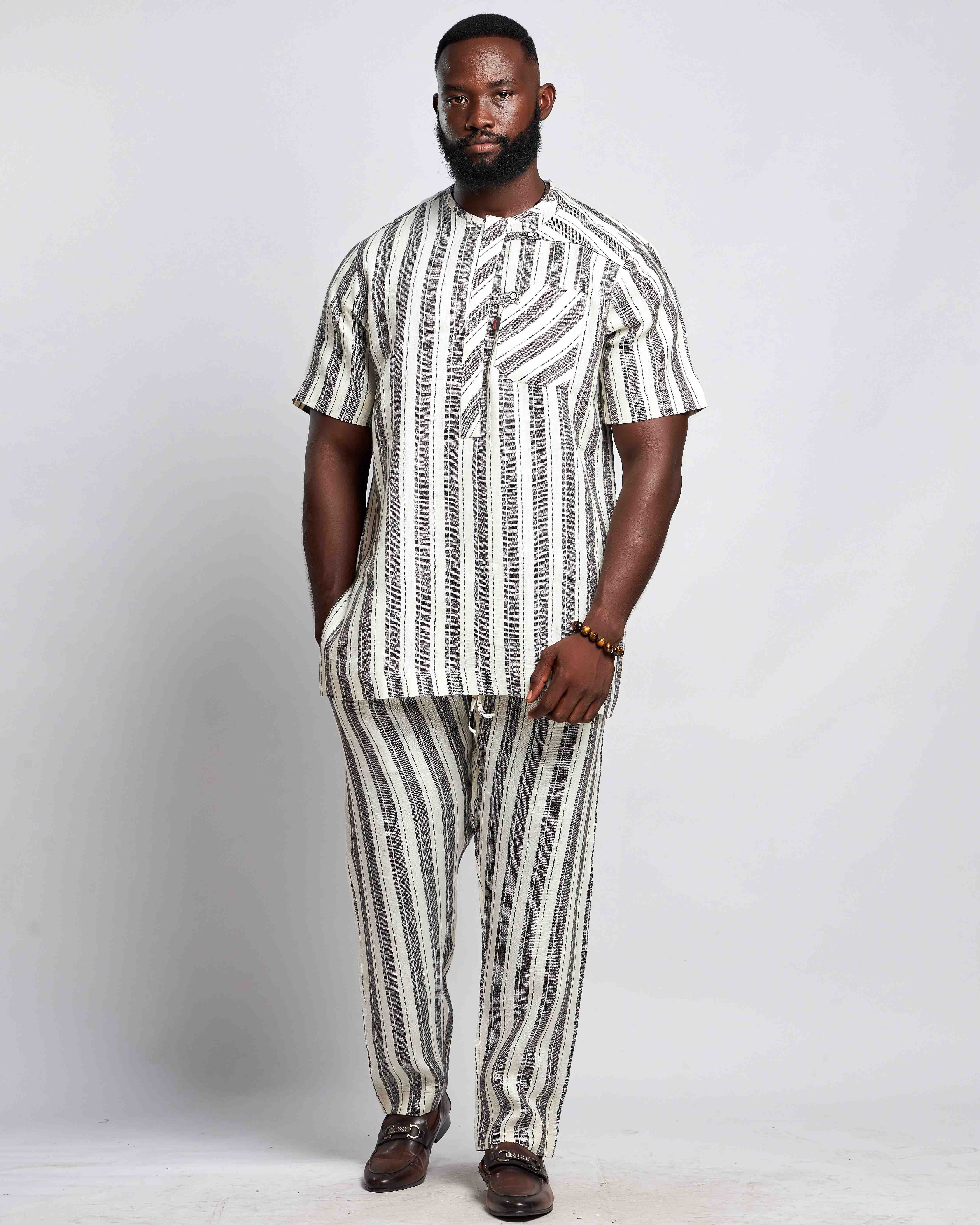 Men's Striped Linen Suit Set (Short Sleeved)