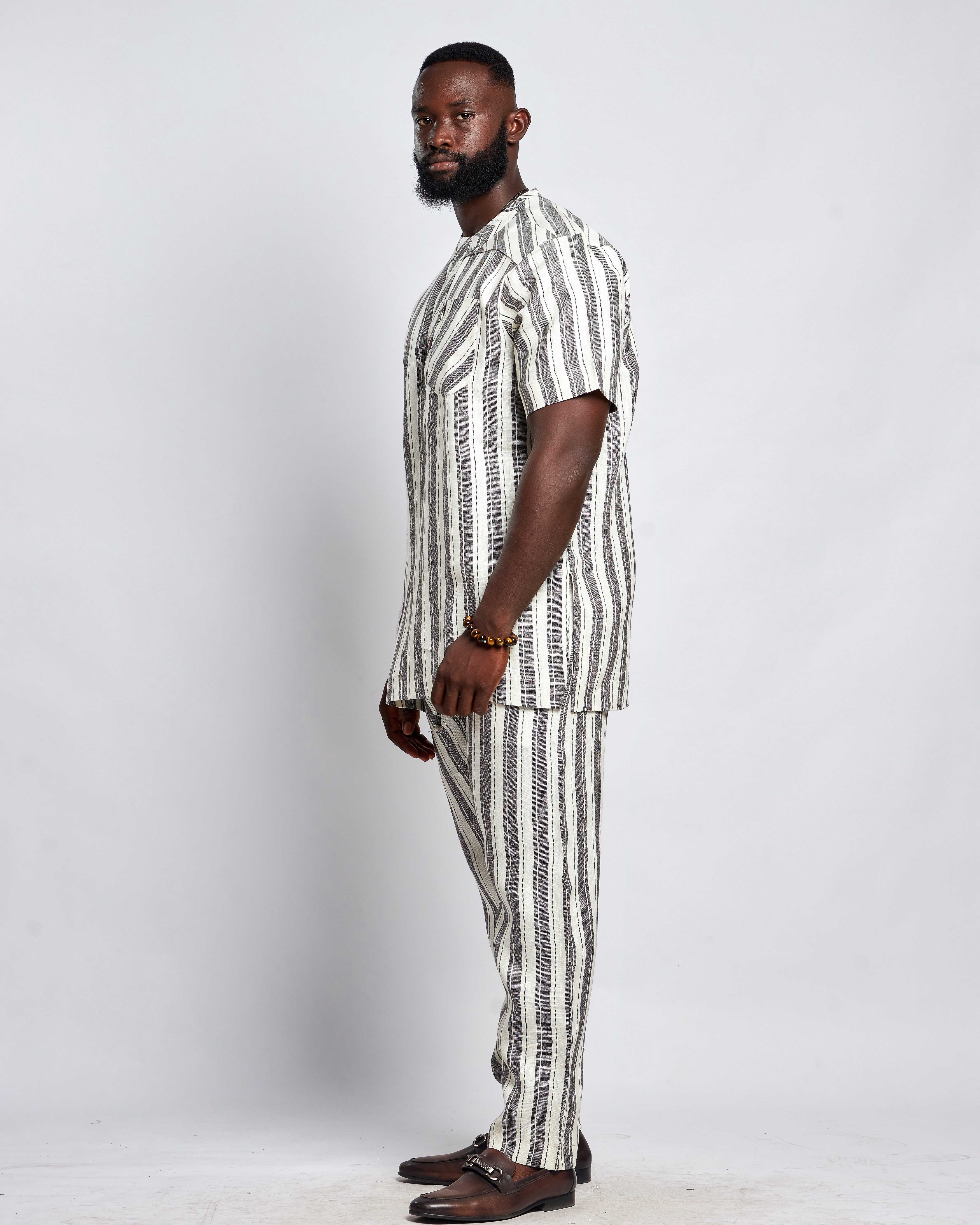 Men's Striped Linen Suit Set (Short Sleeved)