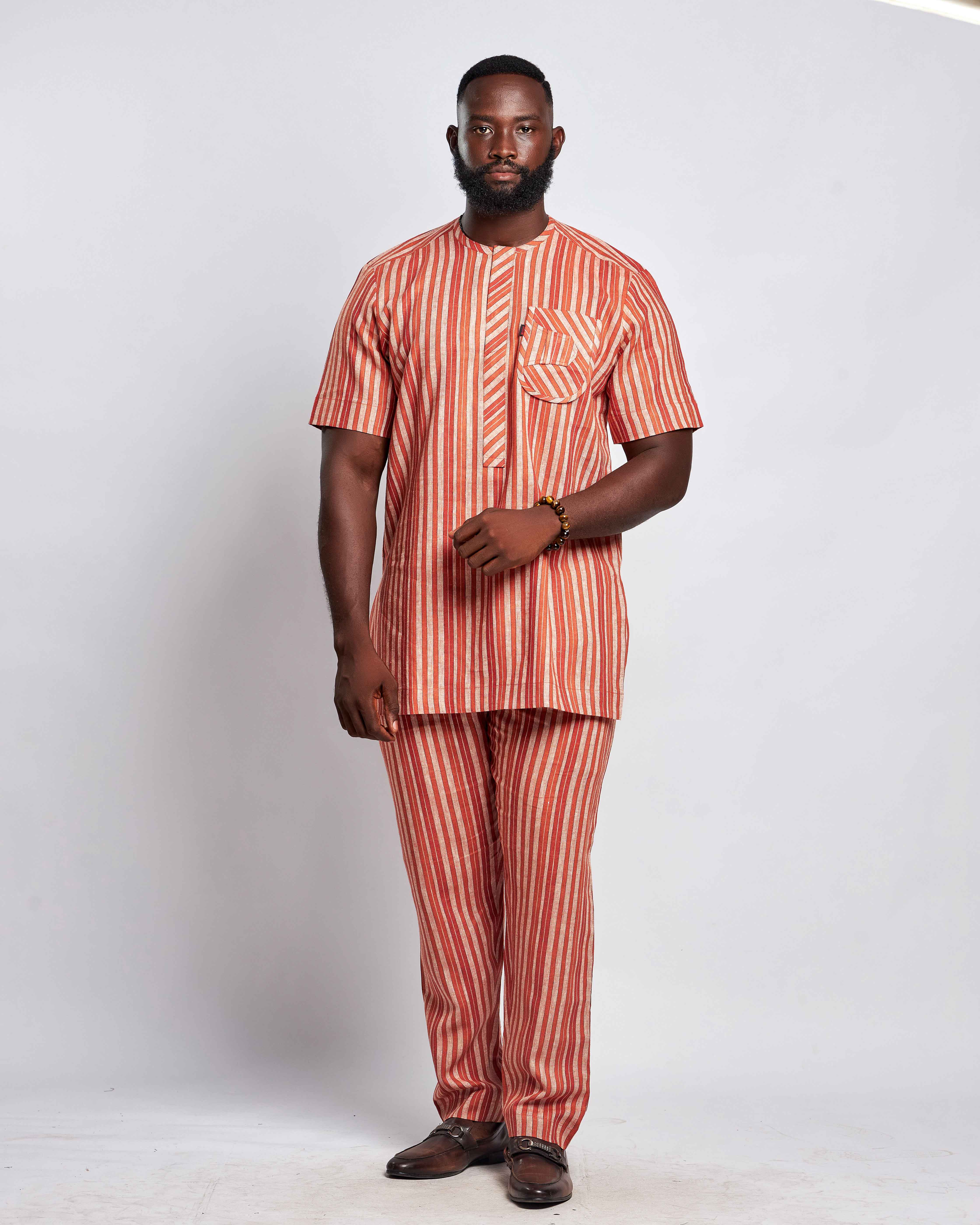 Men's Striped Linen Suit Set (Short Sleeved)