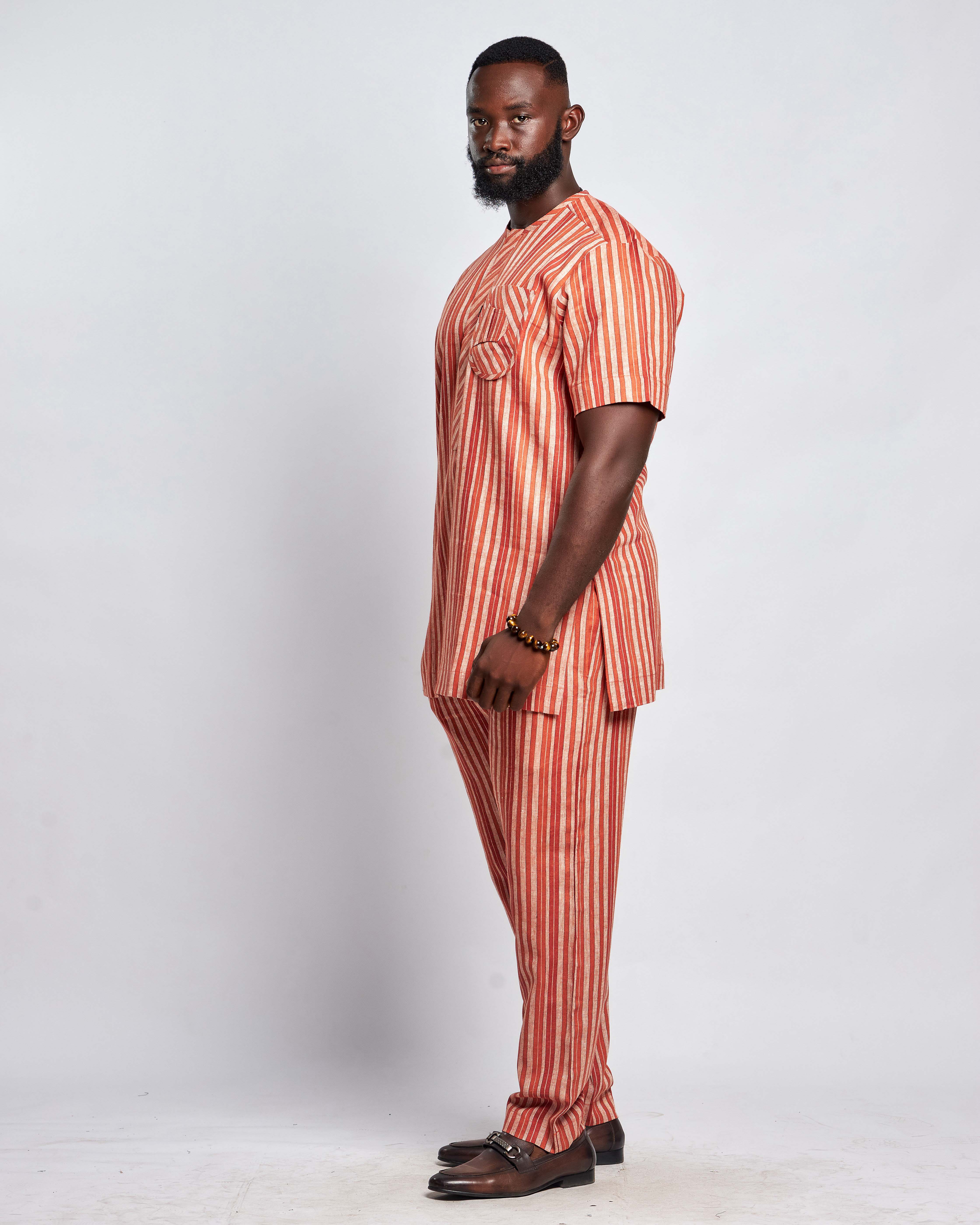 Men's Striped Linen Suit Set (Short Sleeved)