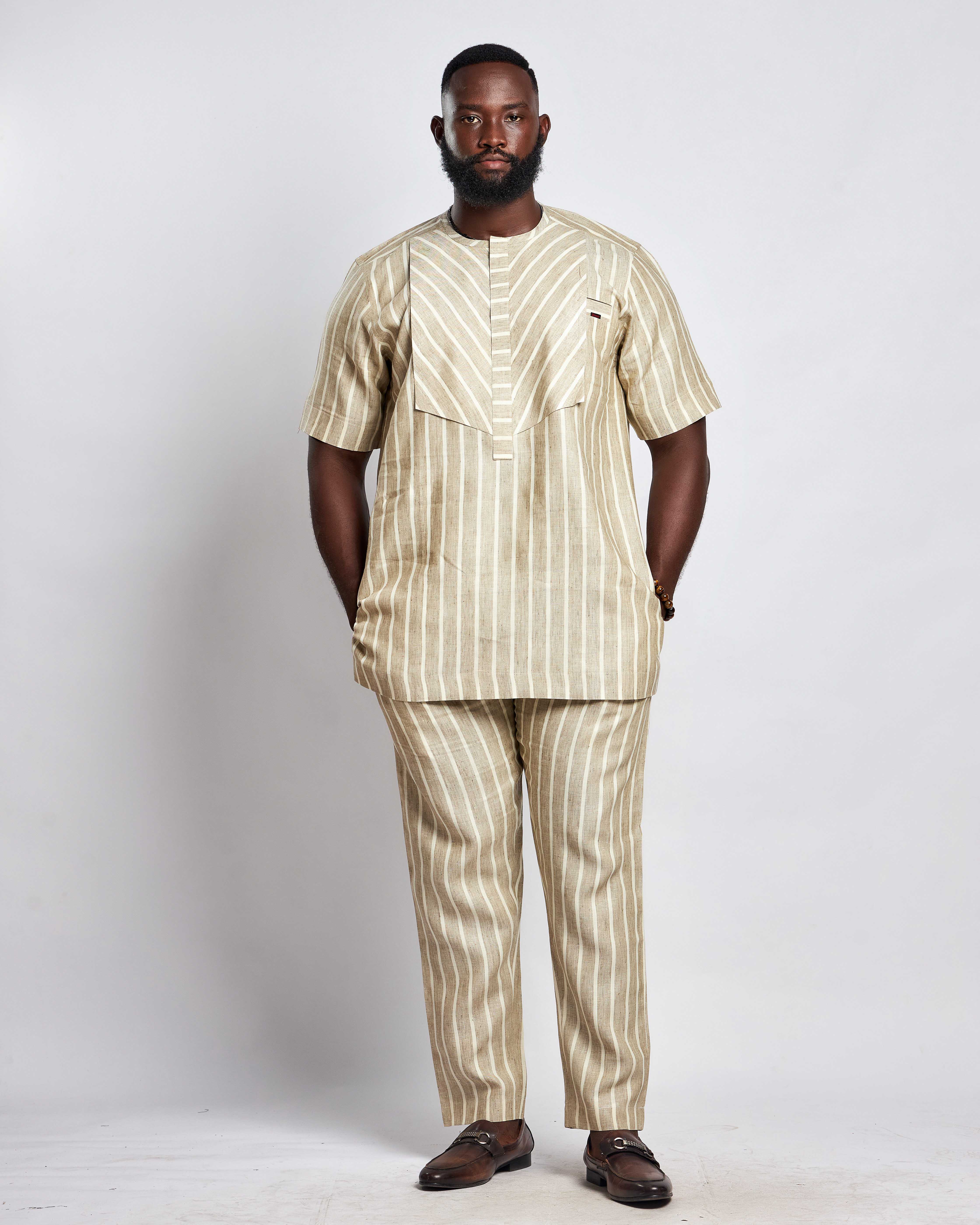 Men's Striped Linen Suit Set (Short Sleeved)