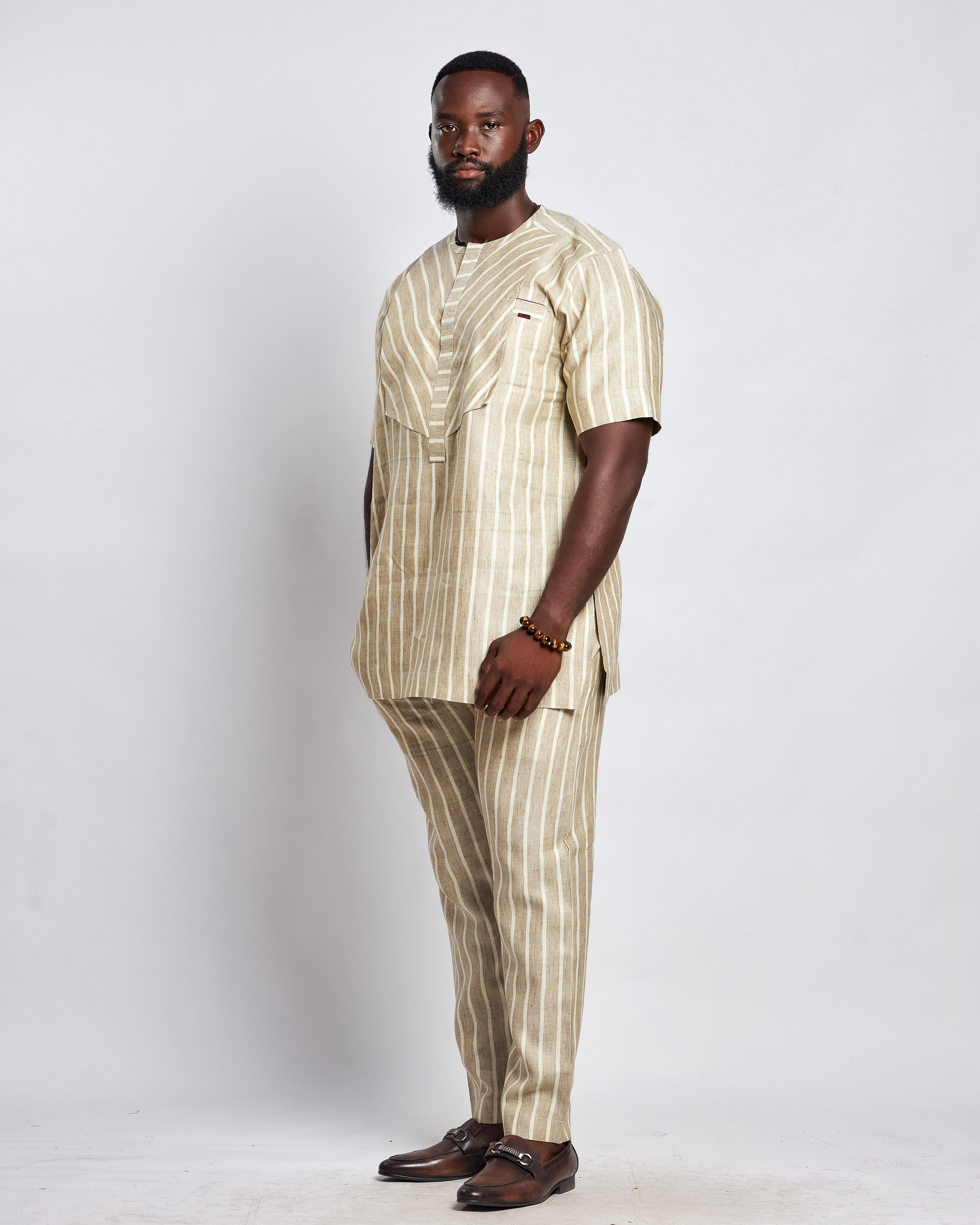 Men's Striped Linen Suit Set (Short Sleeved)