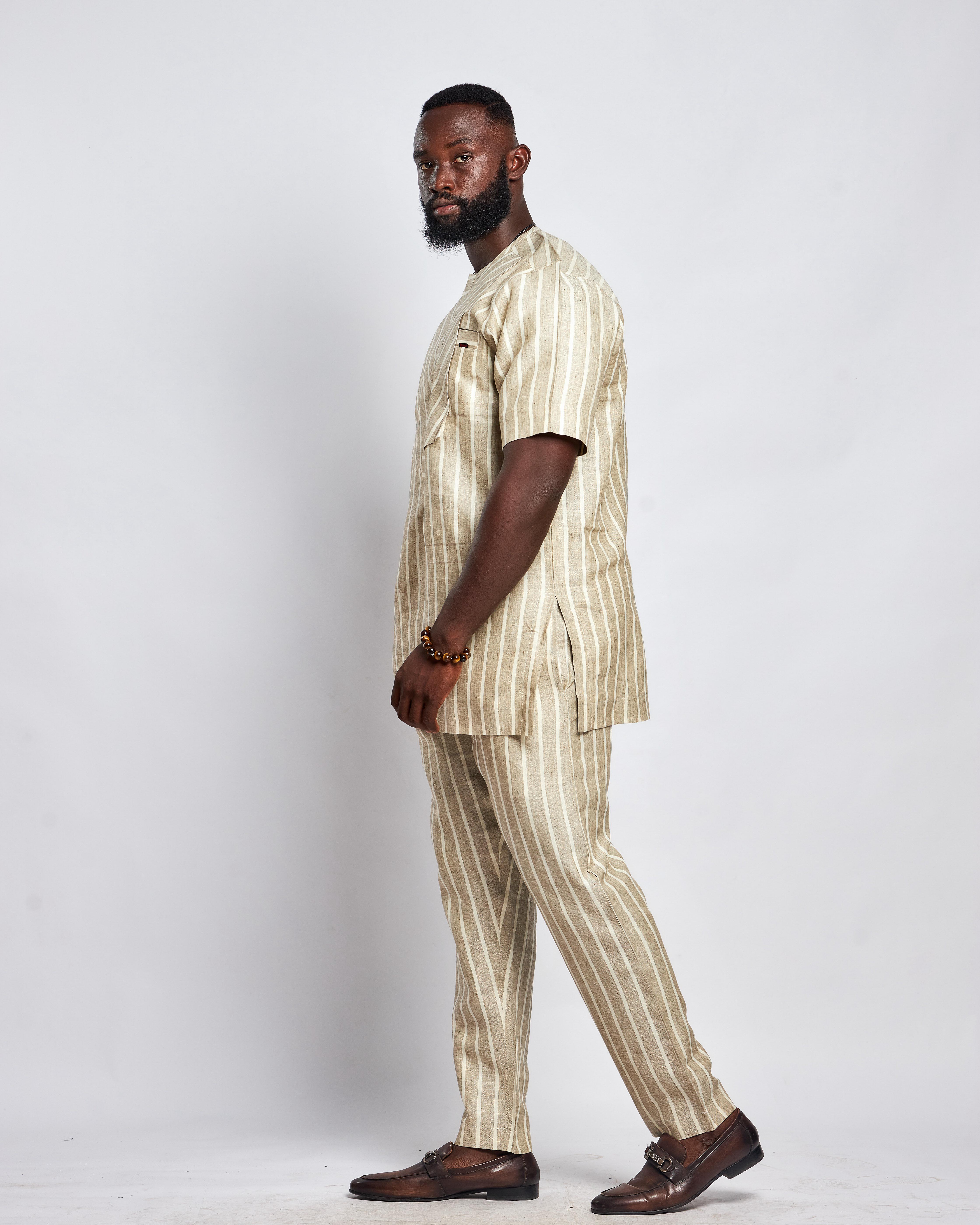 Men's Striped Linen Suit Set (Short Sleeves)