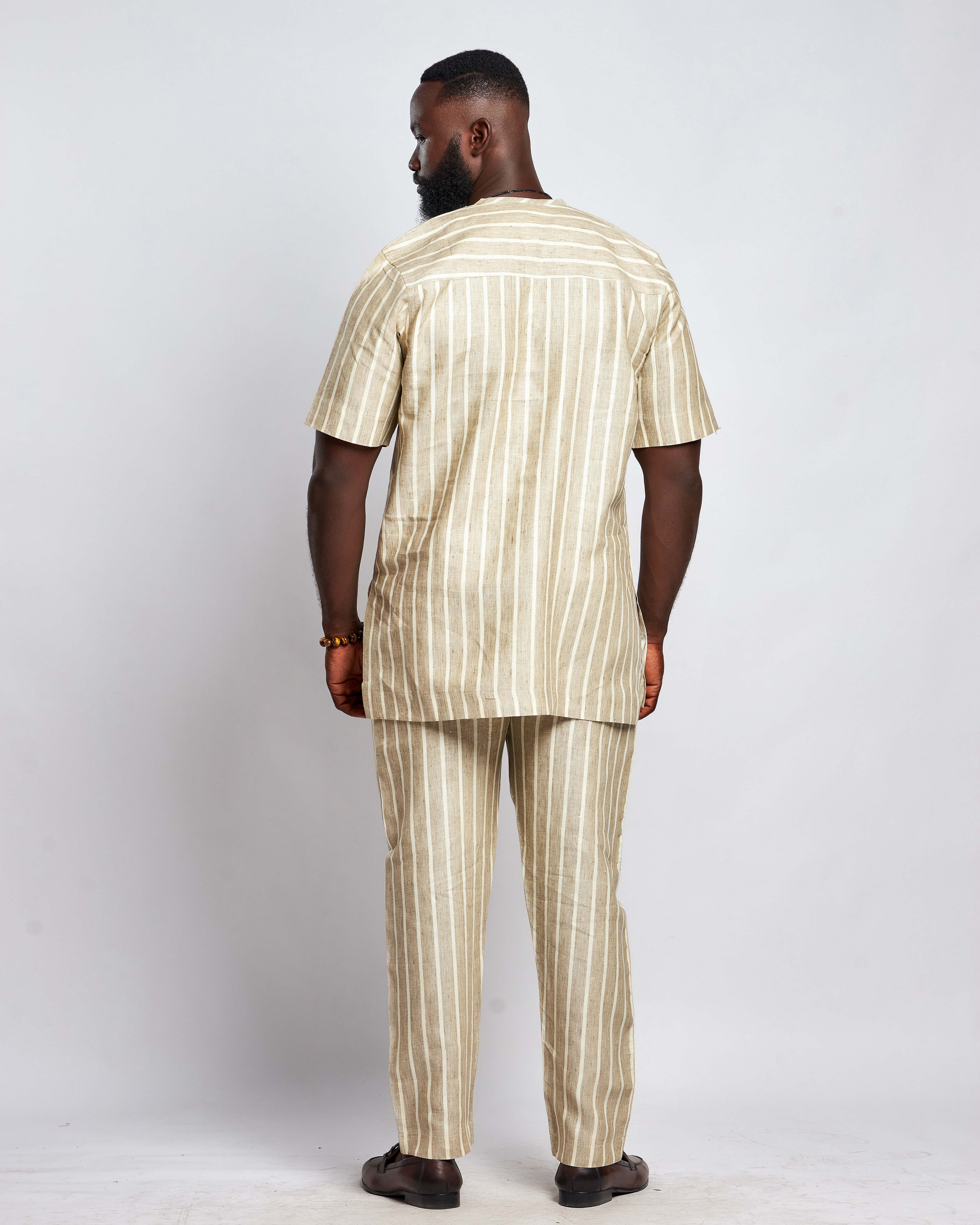 Men's Striped Linen Suit Set (Short Sleeved)