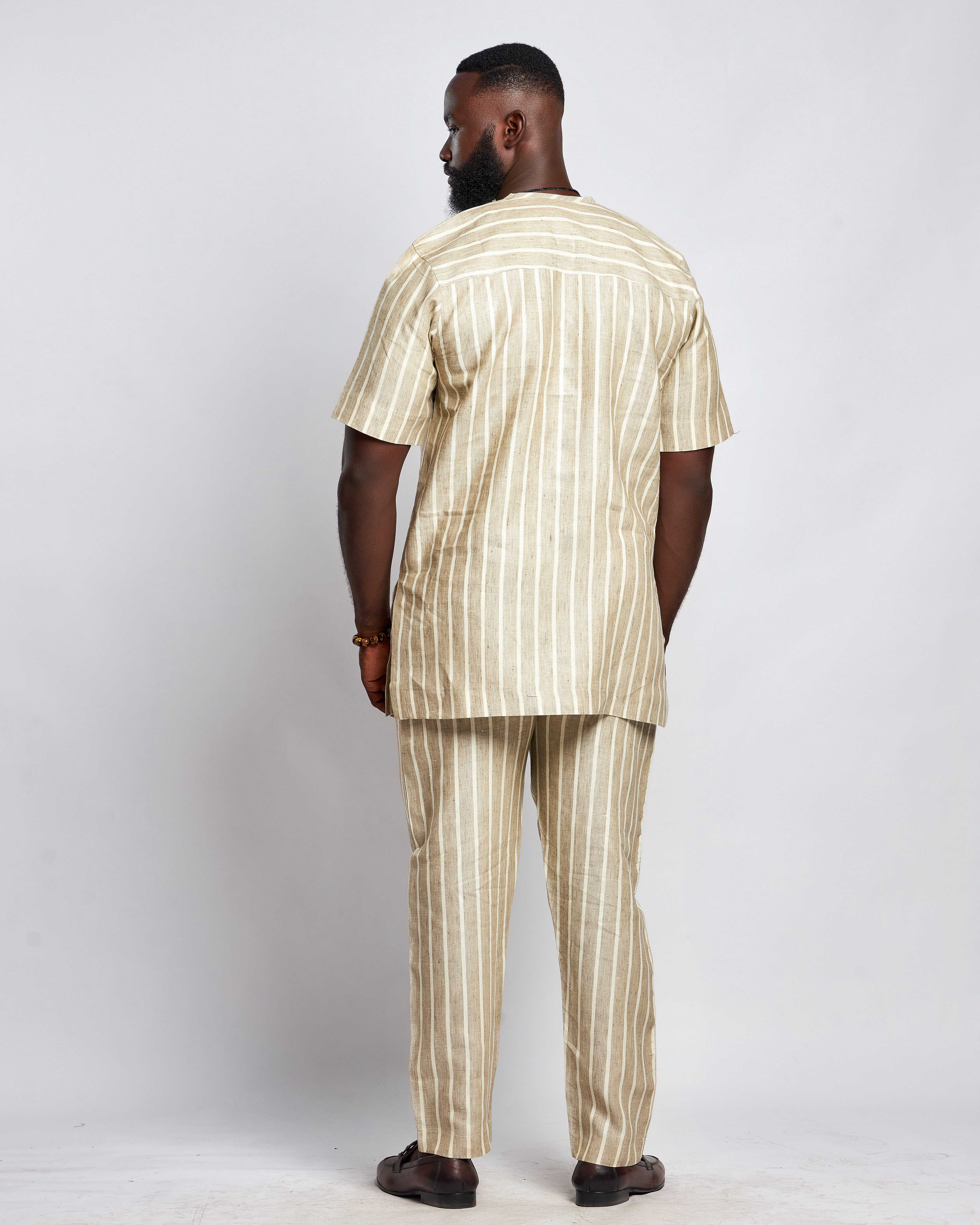 Men's Striped Linen Suit Set (Short Sleeved)