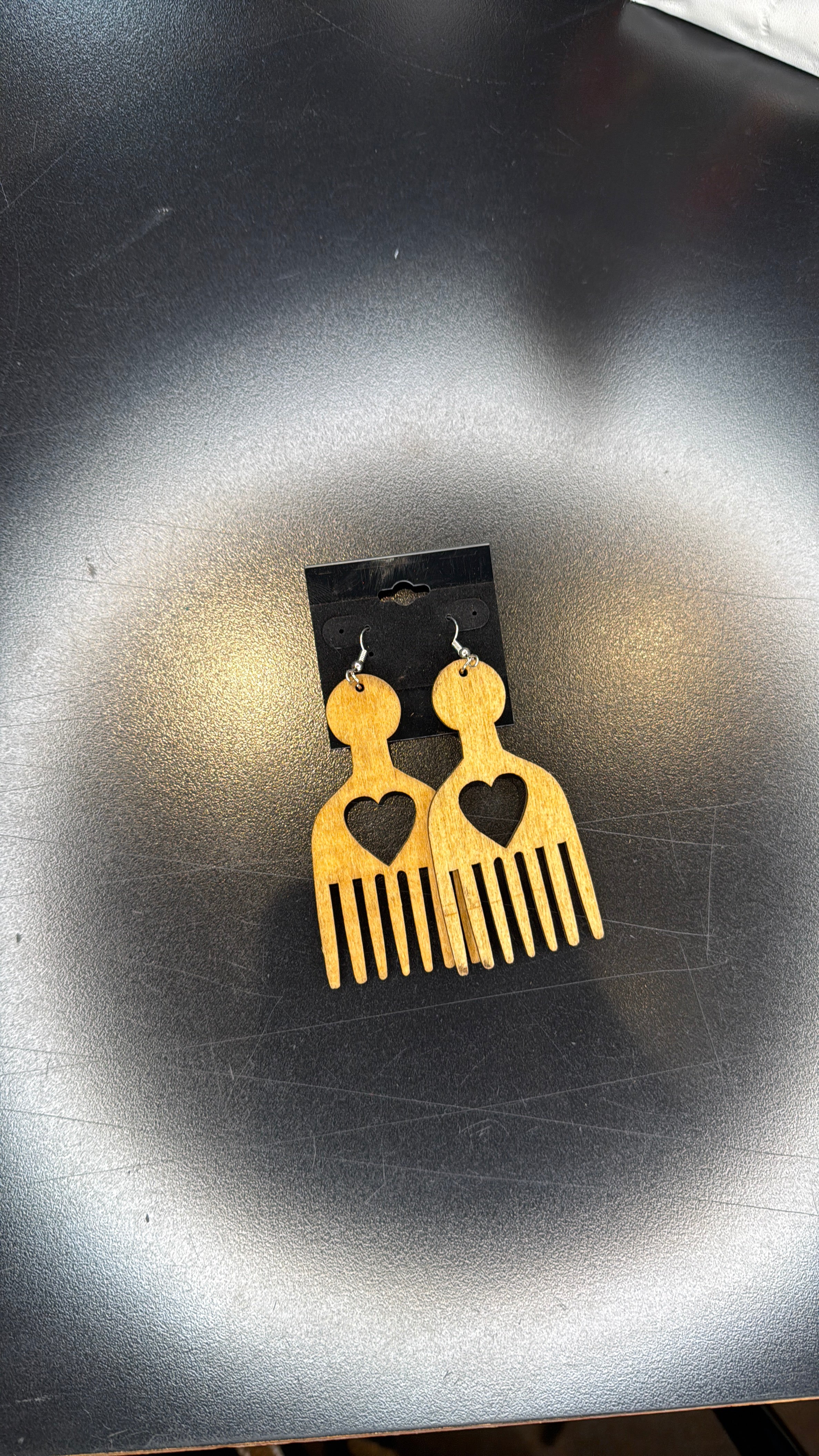 Wooden Afro Pick with Heart Cutout Earrings - Statement Dangle Jewelry