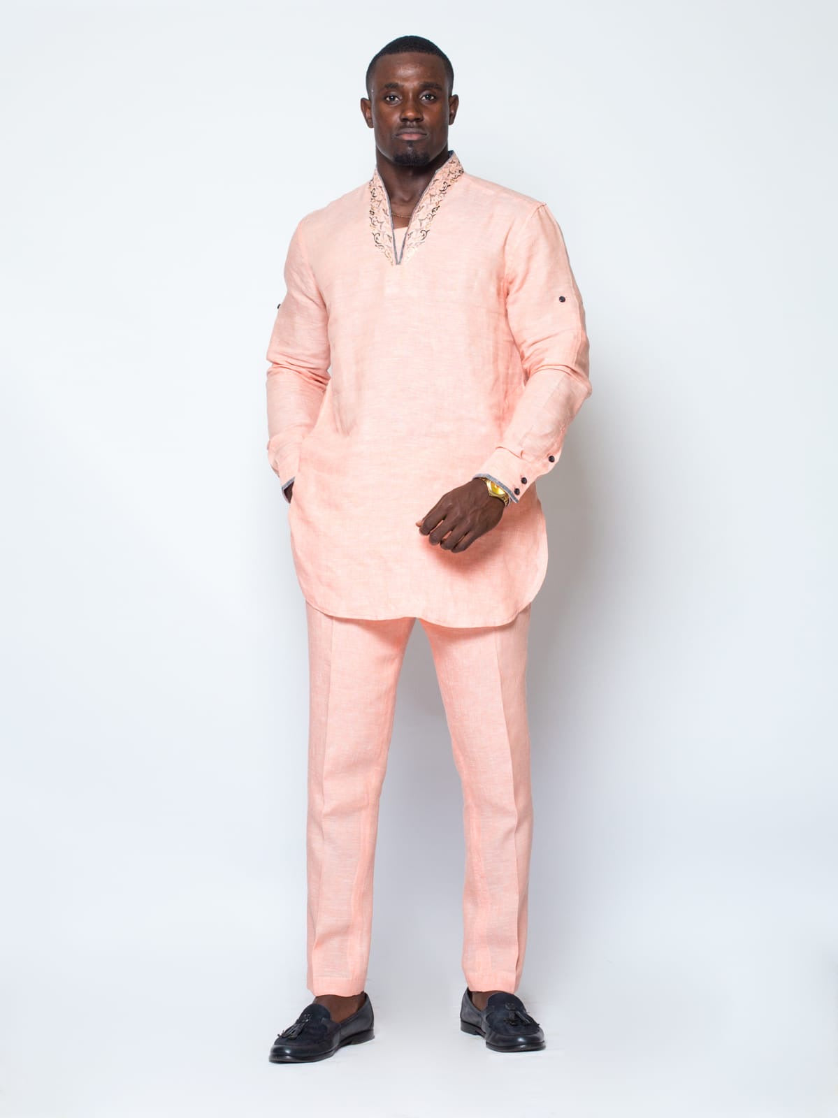 Men’s Embroidered Linen Set (Slim Fit)