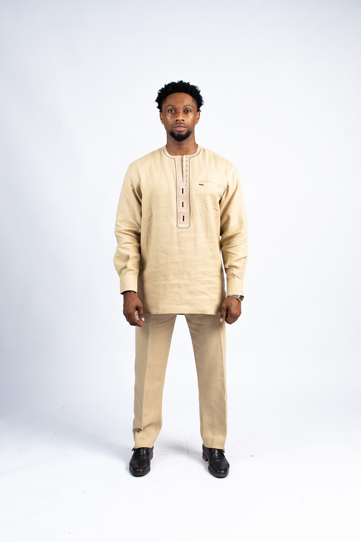 Men's Tan Long-Sleeve Kaftan & Trouser Set