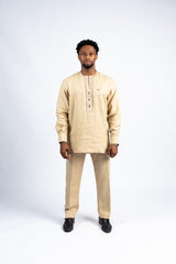 Men's Tan Long-Sleeve Kaftan & Trouser Set